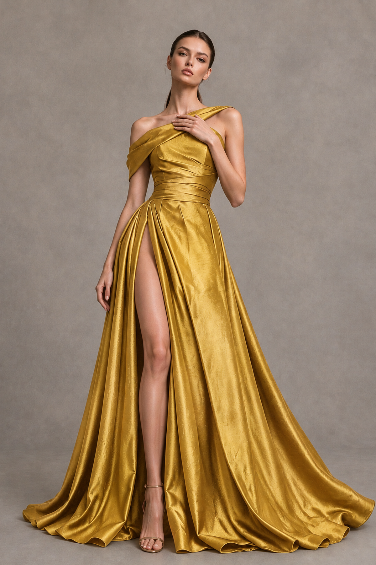 BOLODOO Gold Asymmetric Satin-Look A-Line Prom Dress with High Slit - Gold - Gold_3