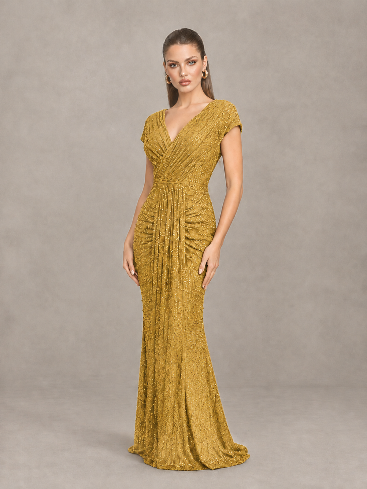 BOLODOO Gold Glitter V-Neck Cap Sleeve Ruched Mermaid Evening Gown - Gold - Gold_3