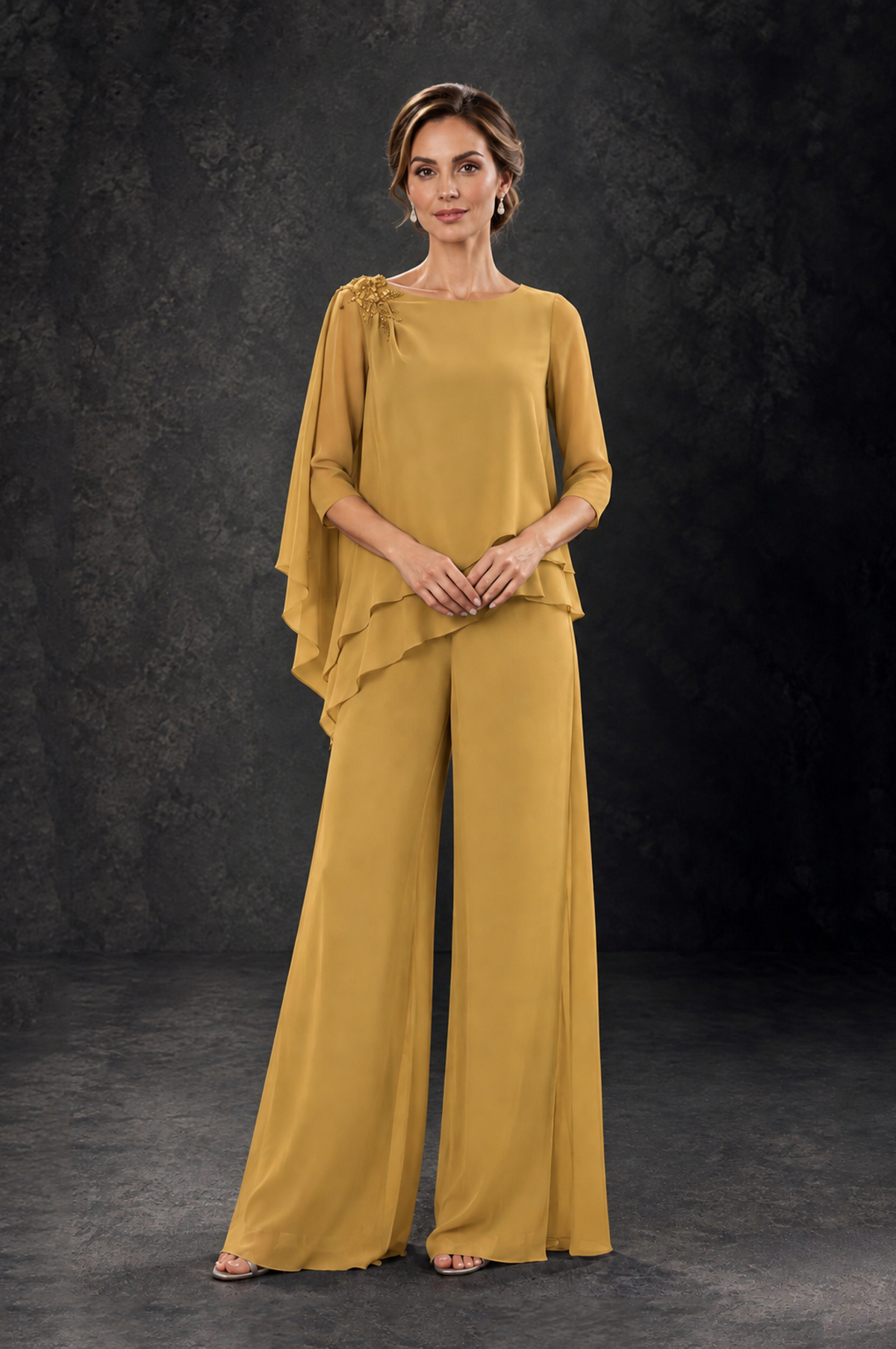 BOLODOO Gold Layered Wide-Leg Mother of the Bride Pant Suit - Gold - Gold_3
