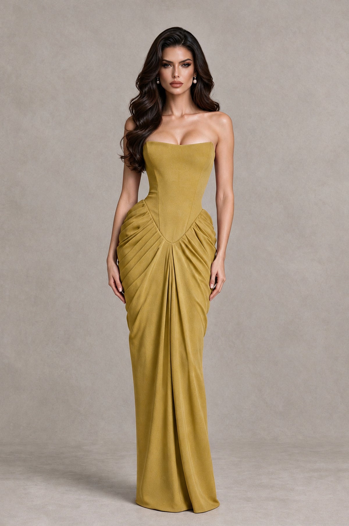 BOLODOO Gold Strapless Ruched Corset Evening Gown - Gold - Gold_3