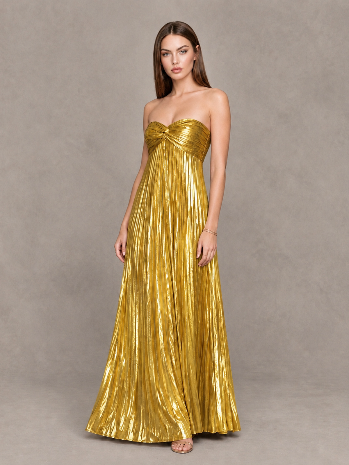 BOLODOO Gold Strapless Sweetheart Metallic Pleated Maxi Dress - Gold - Gold_3