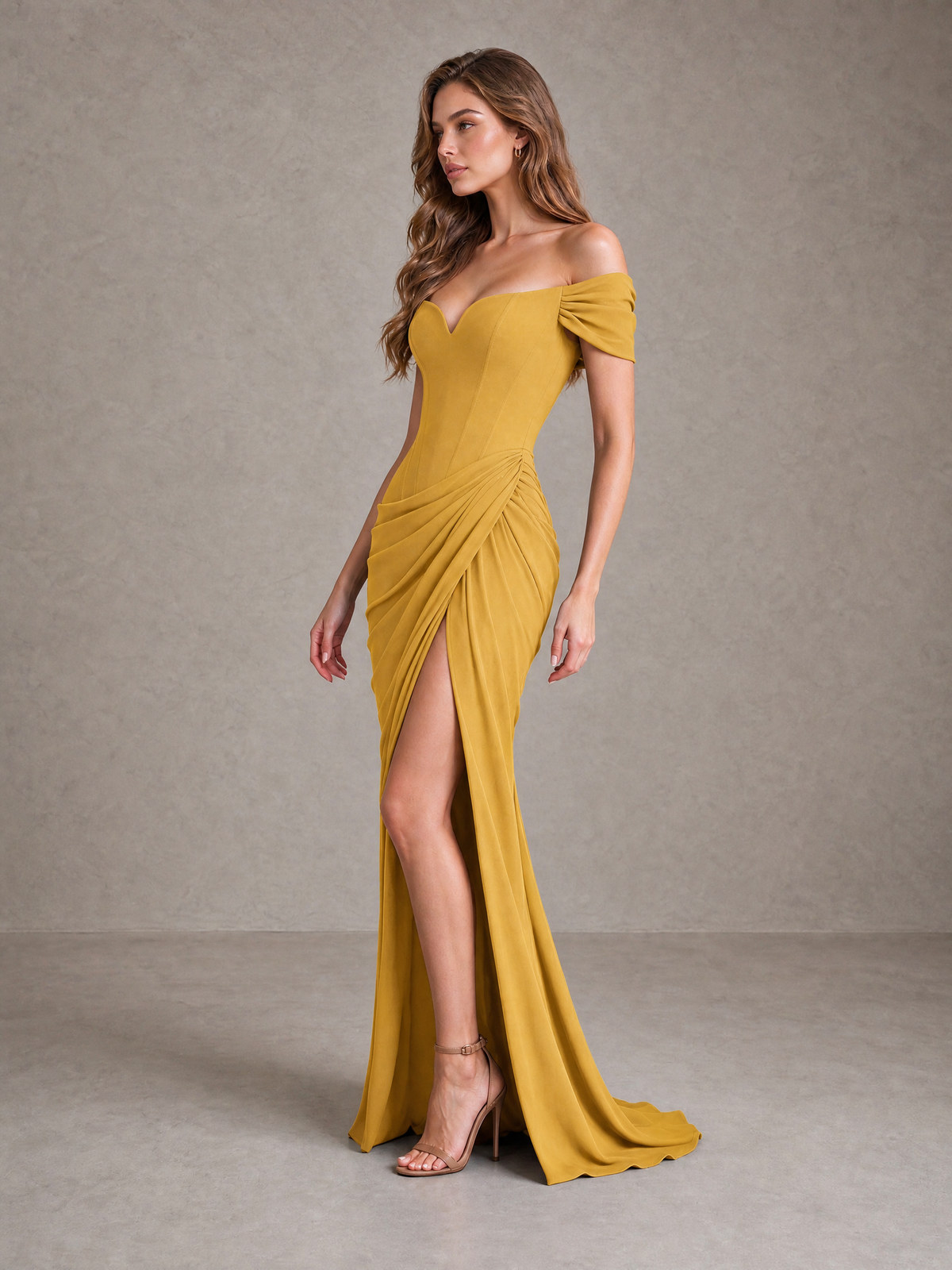 BOLODOO Gold Off-Shoulder Ruched Corset Wedding Guest Dress with Slit - Gold - Gold_3