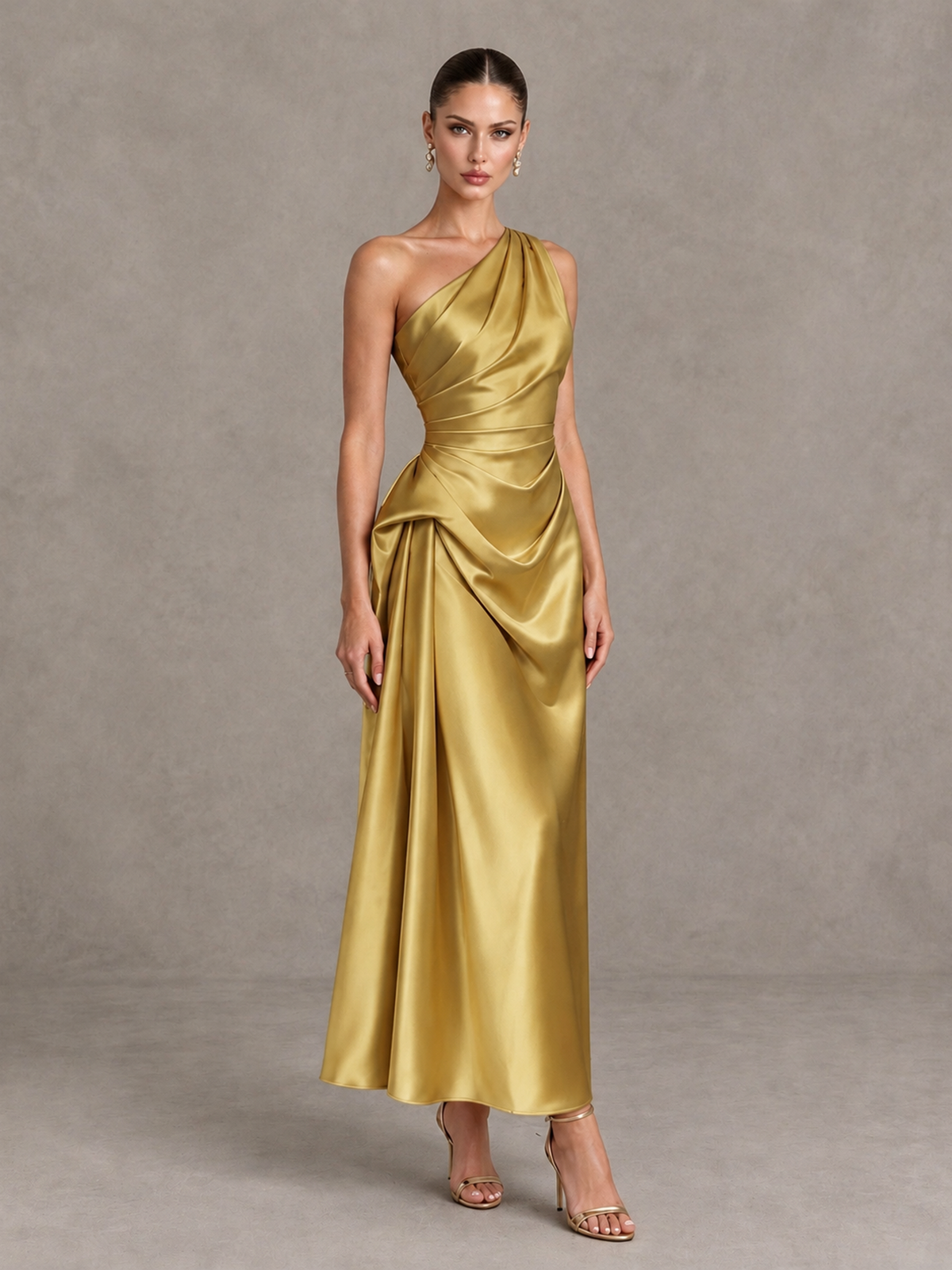 BOLODOO Gold One Shoulder Satin Cocktail Dress with Draped A-Line Skirt - Gold - Gold_3