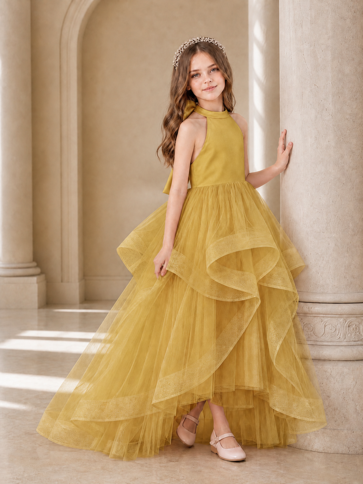 BOLODOO Gold Halter Tiered Tulle Flower Girl Dress with Bow Back - Gold - Gold_3
