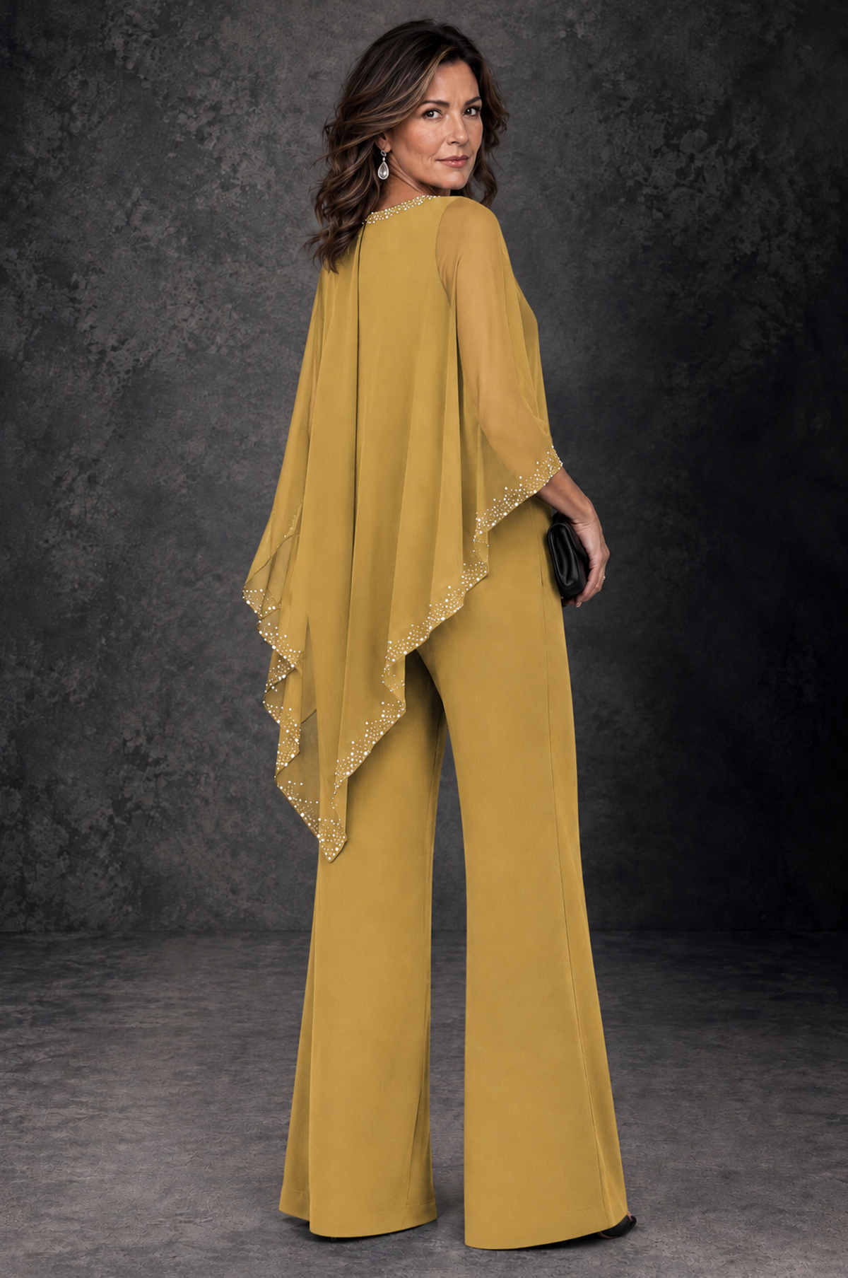 BOLODOO Gold Embellished Cape Mother of the Bride Pantsuit - Gold - Gold_3
