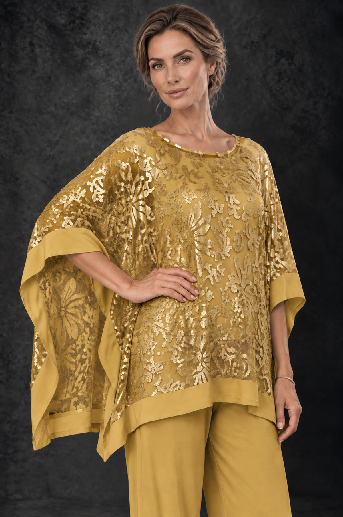 BOLODOO Gold Floral Cape Mother of the Bride Pant Suit - Gold - Gold_3