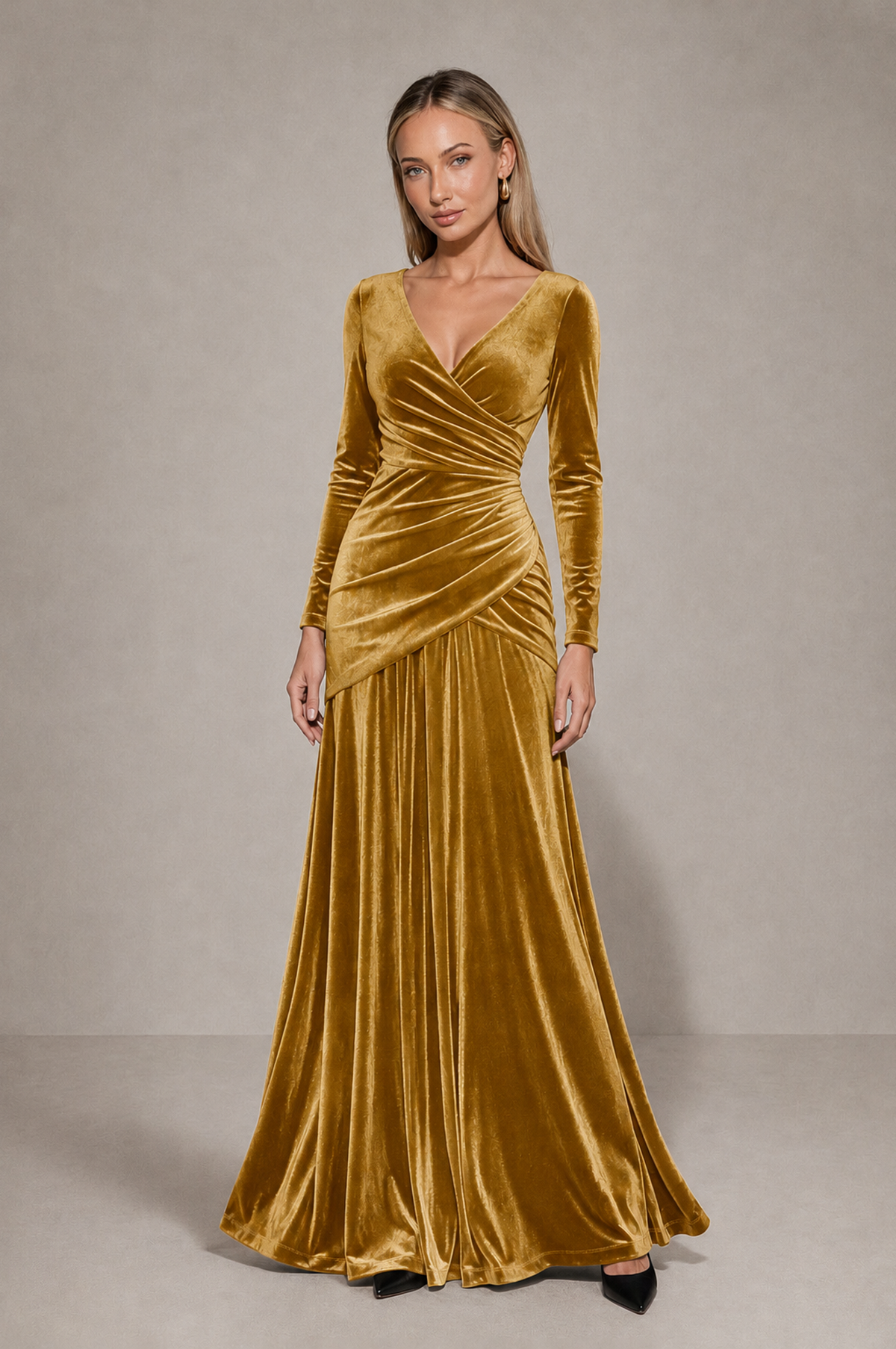 BOLODOO Gold Velvet Long Sleeve V-Neck Ruched Evening Dress - Gold - Gold_3
