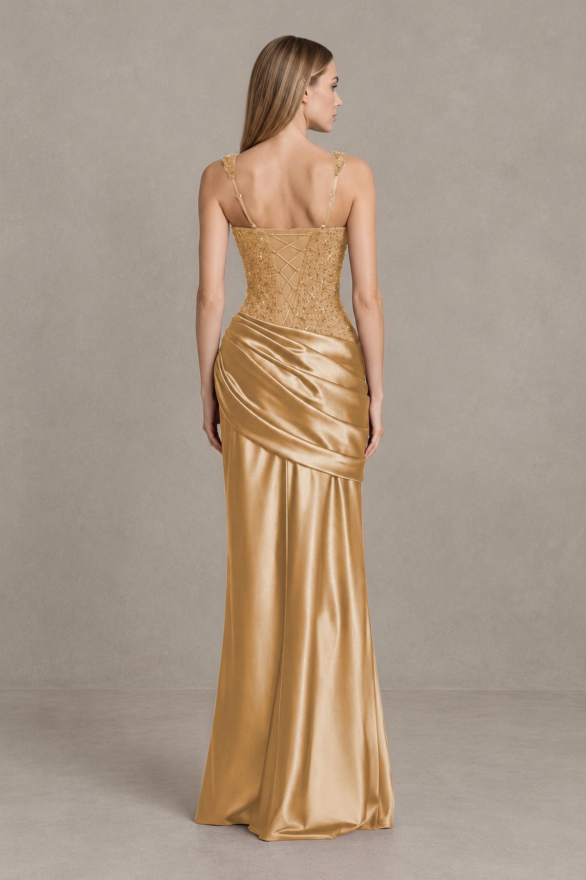 BOLODOO Gold Square Neck Embellished Satin Evening Gown - Gold