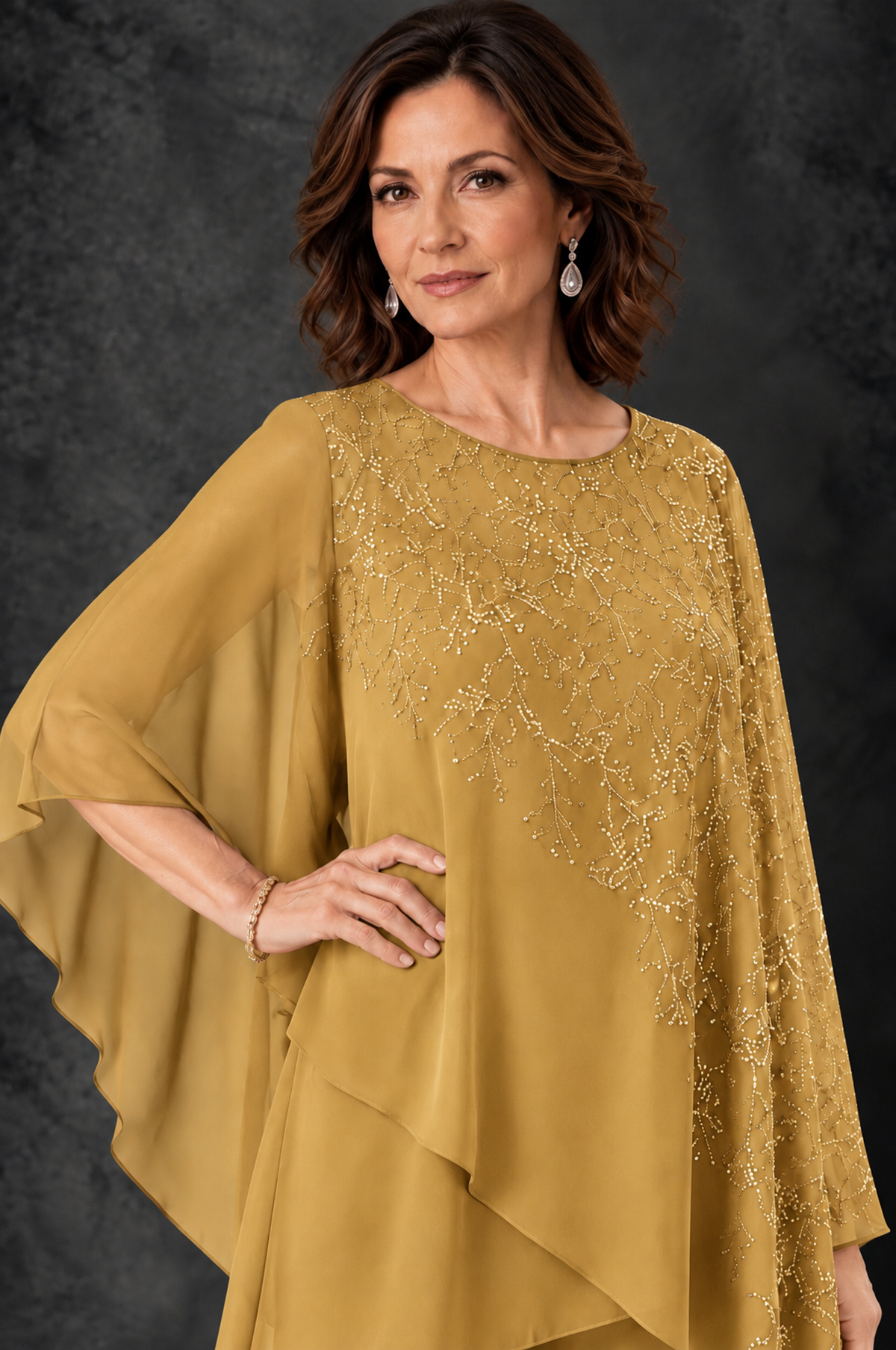 BOLODOO Gold Embellished Cape Pant Suit for Mother of the Bride - Gold - Gold_3