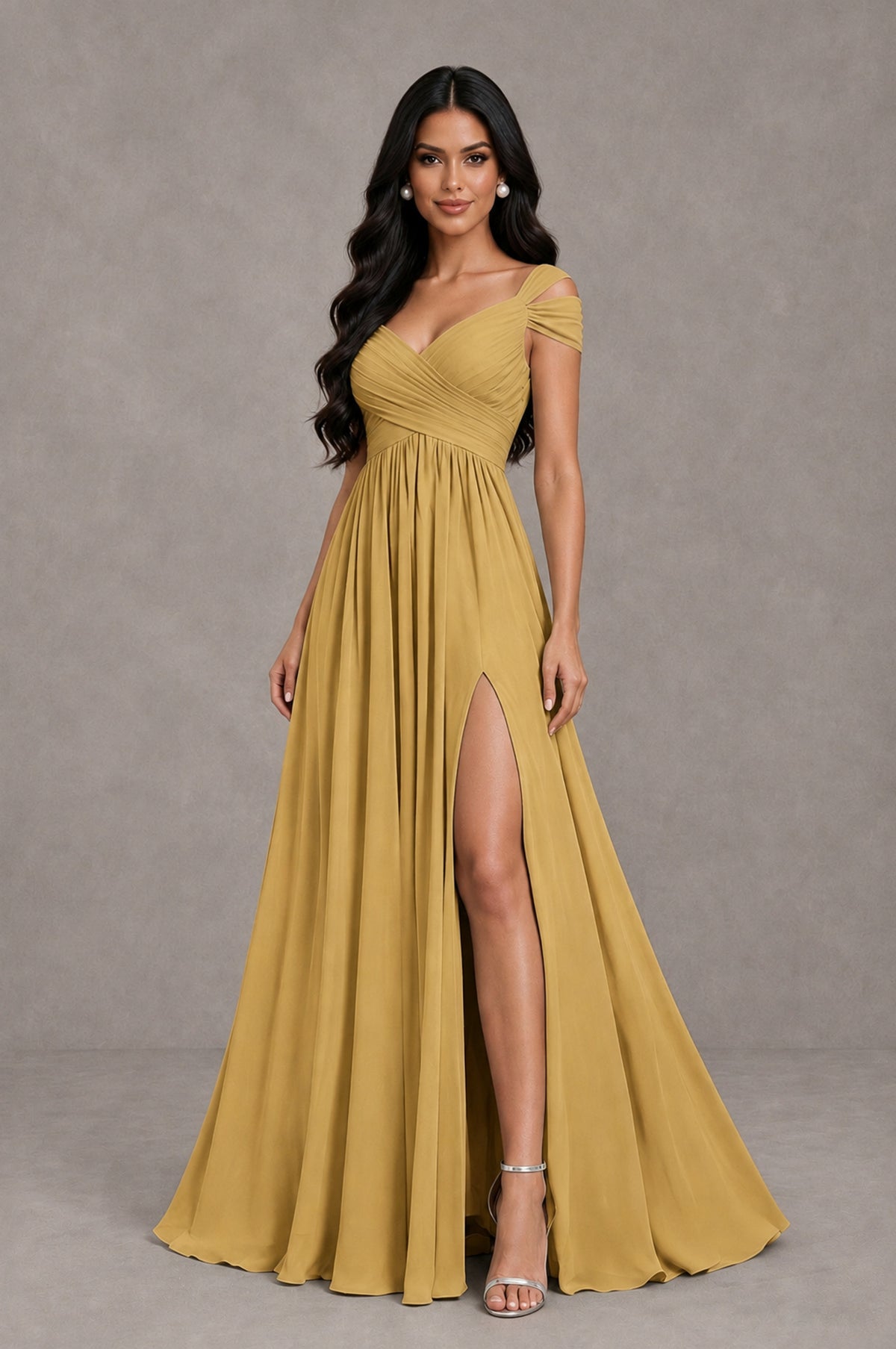 BOLODOO Gold Cold Shoulder Chiffon Evening Dress with V Neck and High Slit - Gold - Gold_3
