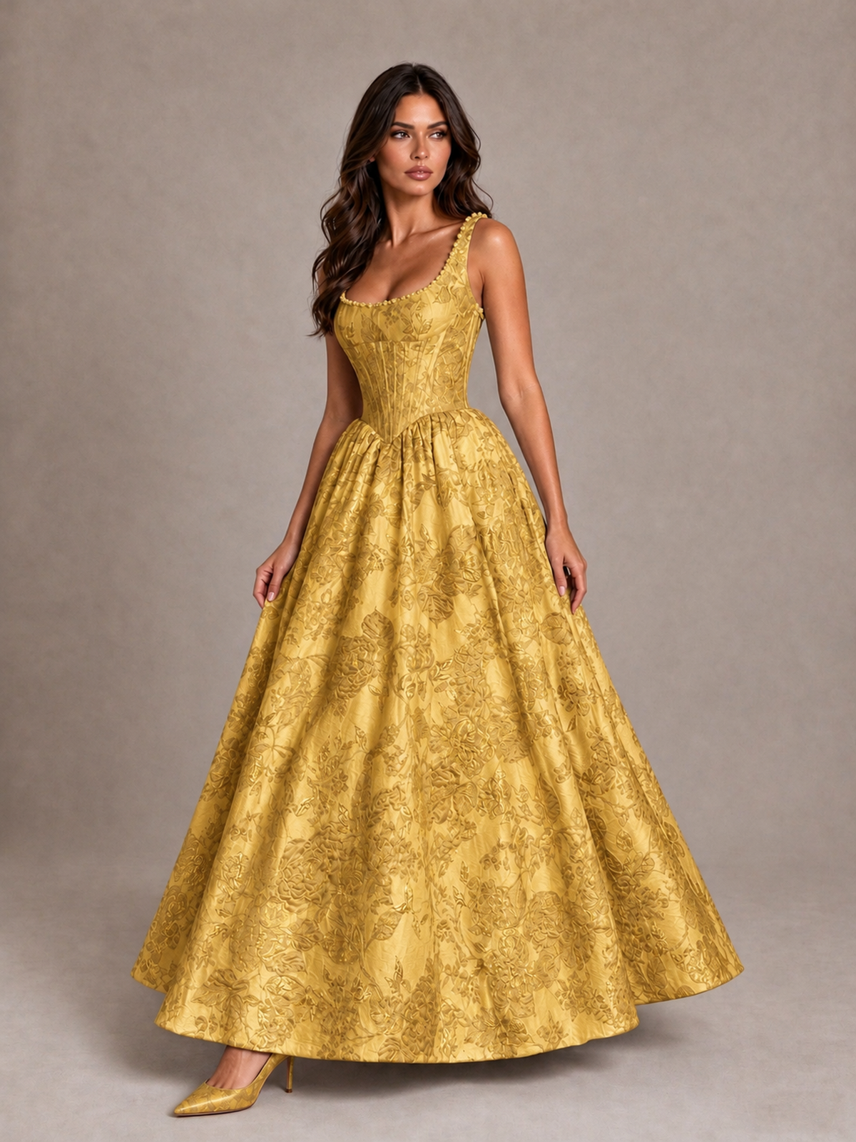 BOLODOO Gold Floral Corset A-Line Prom Dress with Lace-Up Back - Gold - Gold_3