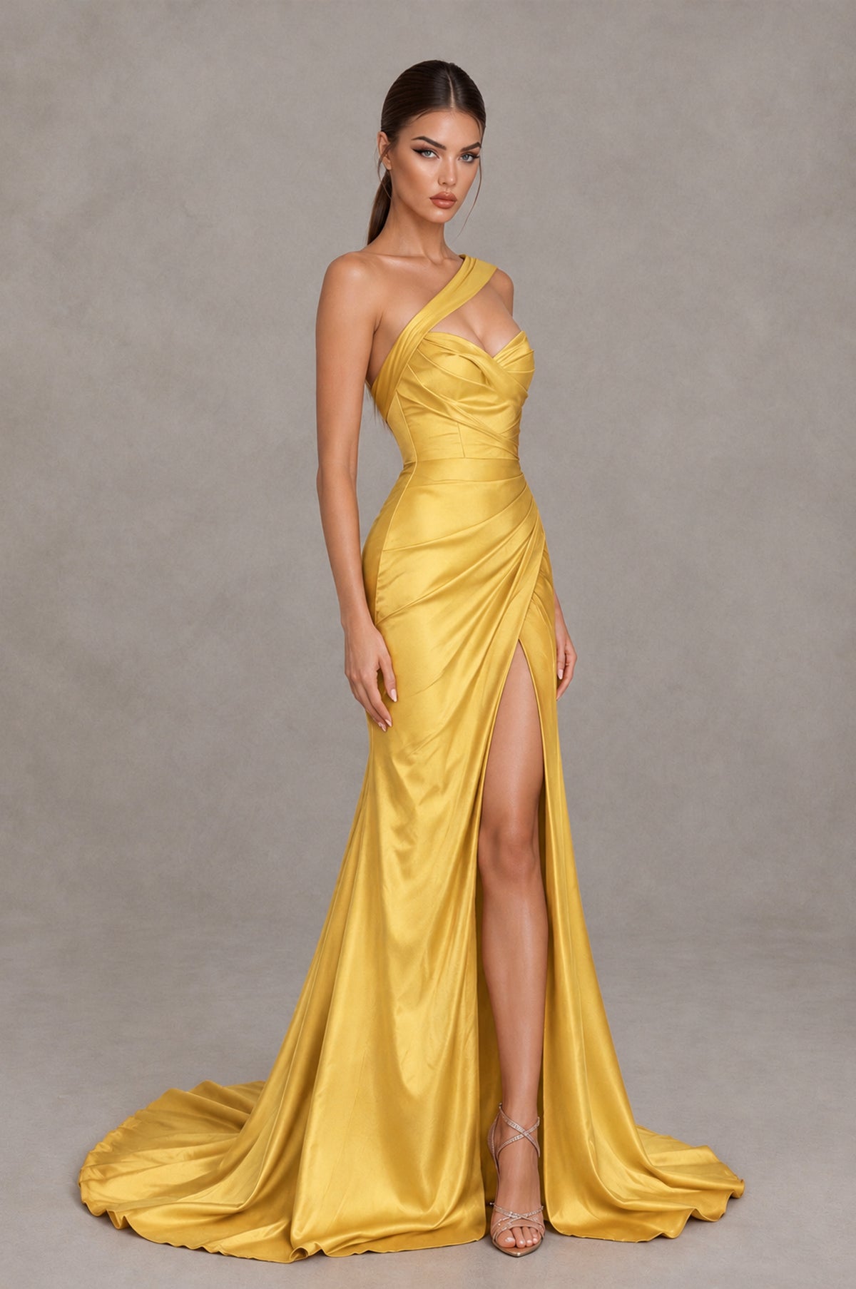 BOLODOO Gold One Shoulder Satin Mermaid Evening Dress with Ruched Slit Skirt - Gold - Gold_3