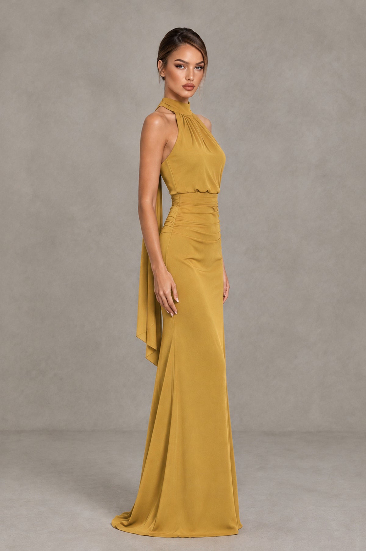 BOLODOO Gold Chiffon Halter Maxi Formal Wedding Guest Dress - Gold - Gold_3