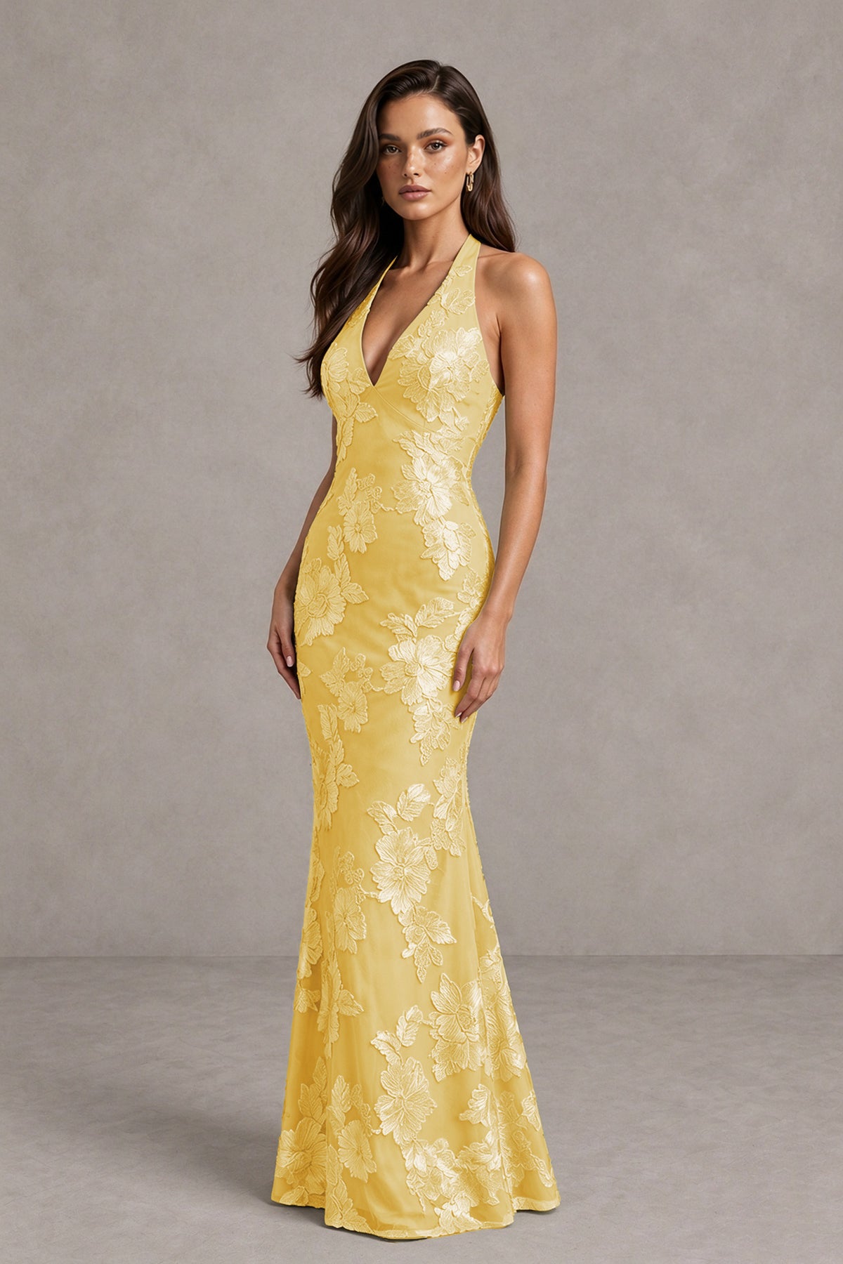 BOLODOO Gold Floral Jacquard Halter Maxi Dress - Gold - Gold(3)