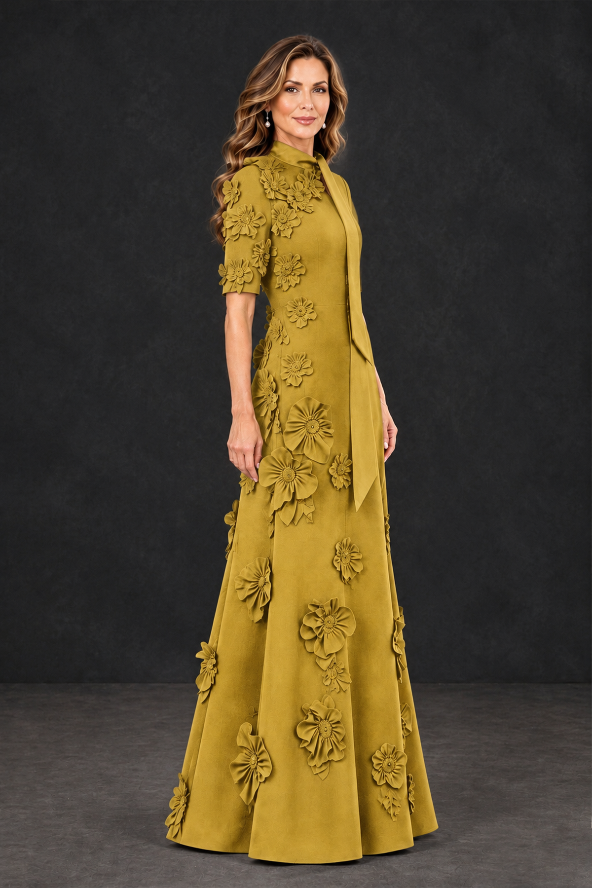 BOLODOO Gold Floral Applique High-Neck Half-Sleeve Gown - Gold - Gold_3