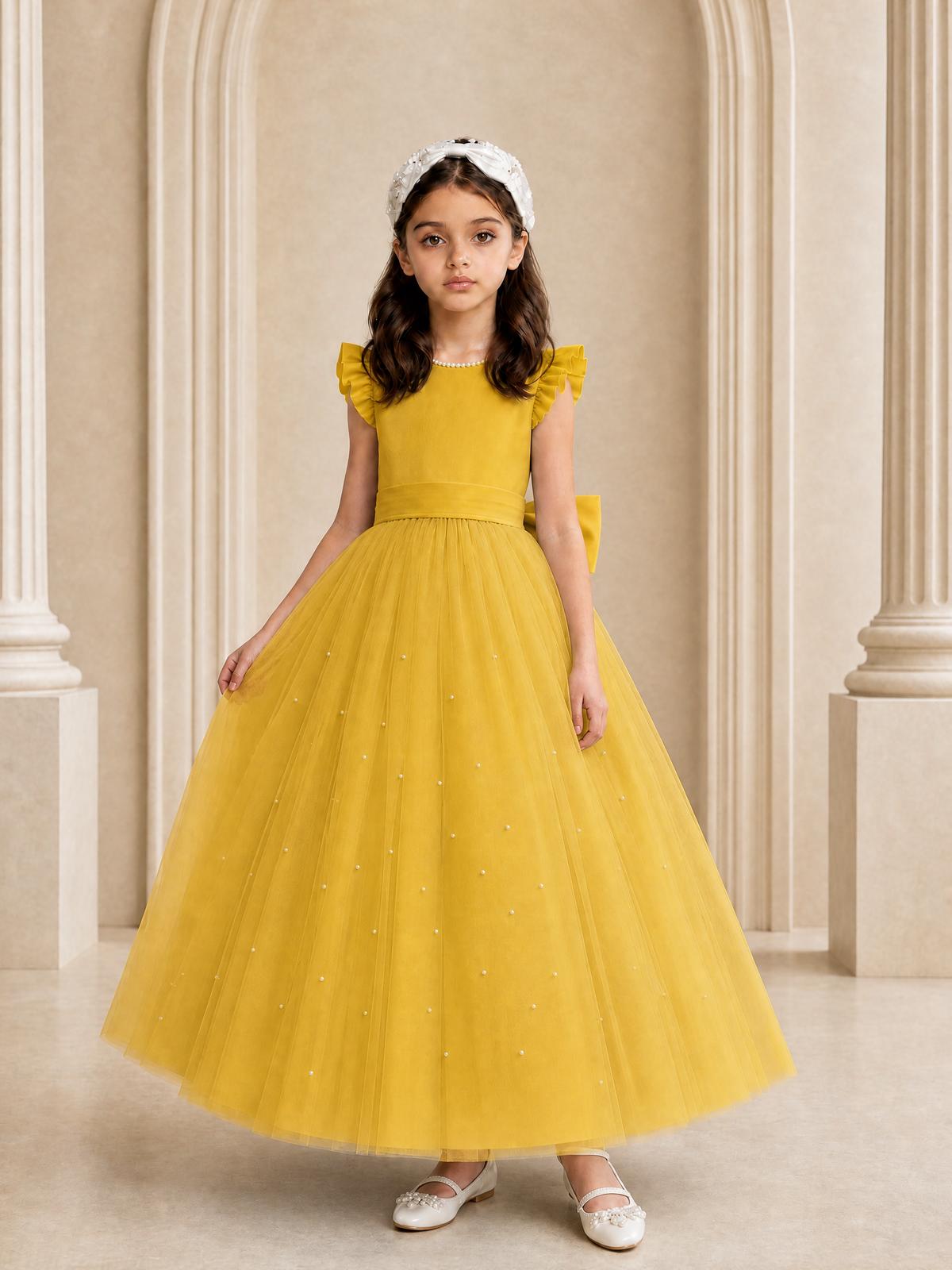 BOLODOO Gold Tulle Flower Girl Dress with Ruffle Sleeves & Bow Back - Gold - Gold_3