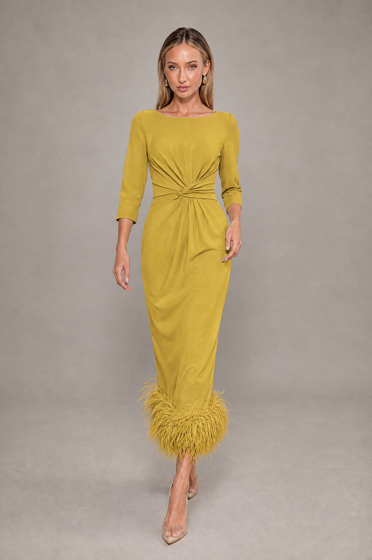 BOLODOO Gold Feather-Trim Twist-Waist Midi Dress - Gold - Gold_3
