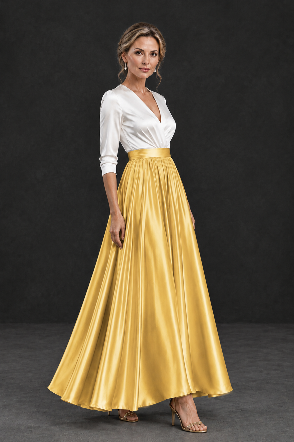 BOLODOO Gold and White V-Neck A-Line Mother of the Bride Dress - Gold - Gold_3