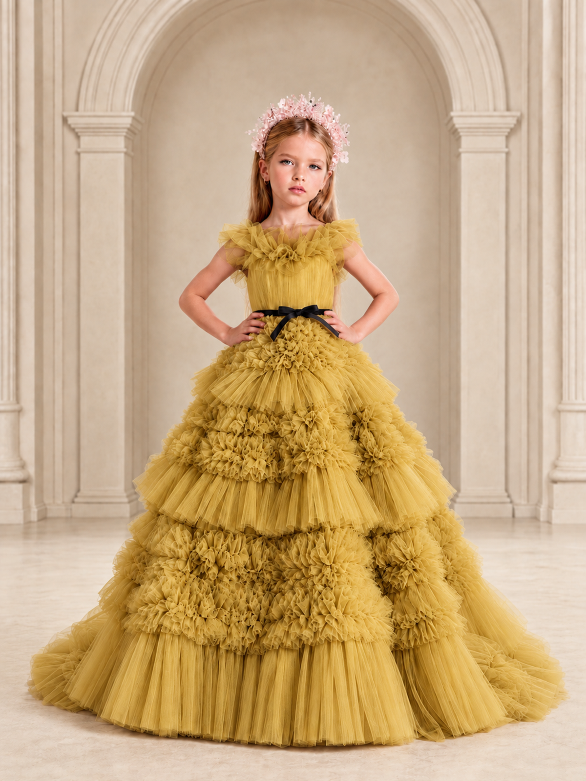 BOLODOO Gold Tiered Tulle Flower Girl Dress with Floral Appliques - Gold - Gold_3