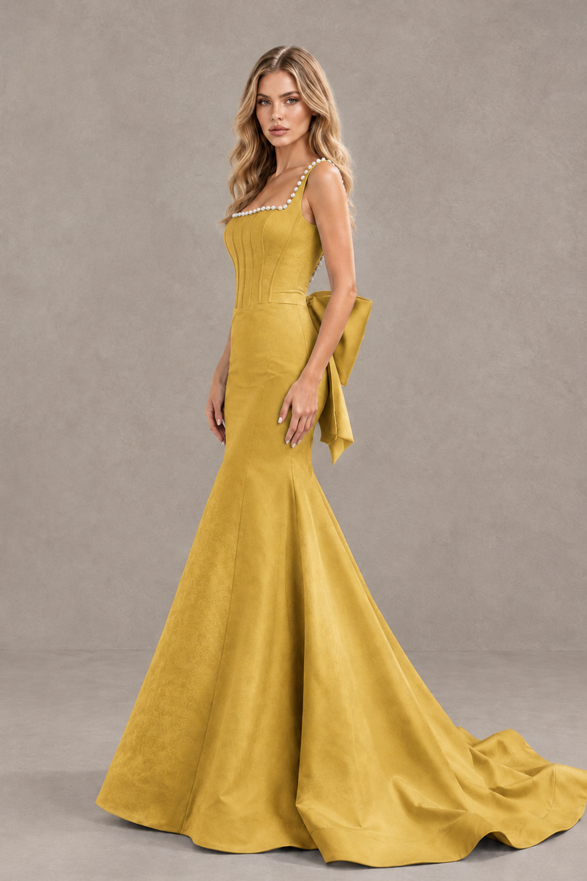 BOLODOO Gold Pearl-Trim Mermaid Prom Dress with Back Bow - Gold - Gold_3