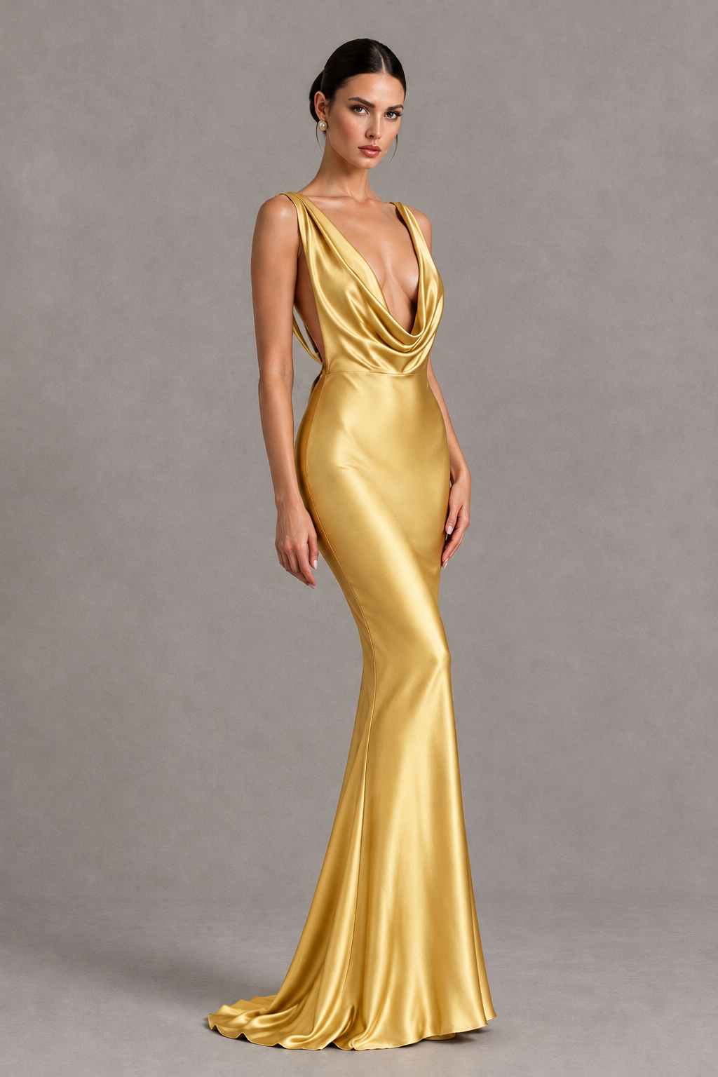 BOLODOO Gold Cowl Neck Backless Satin Mermaid Evening Dress - Gold - Gold_3