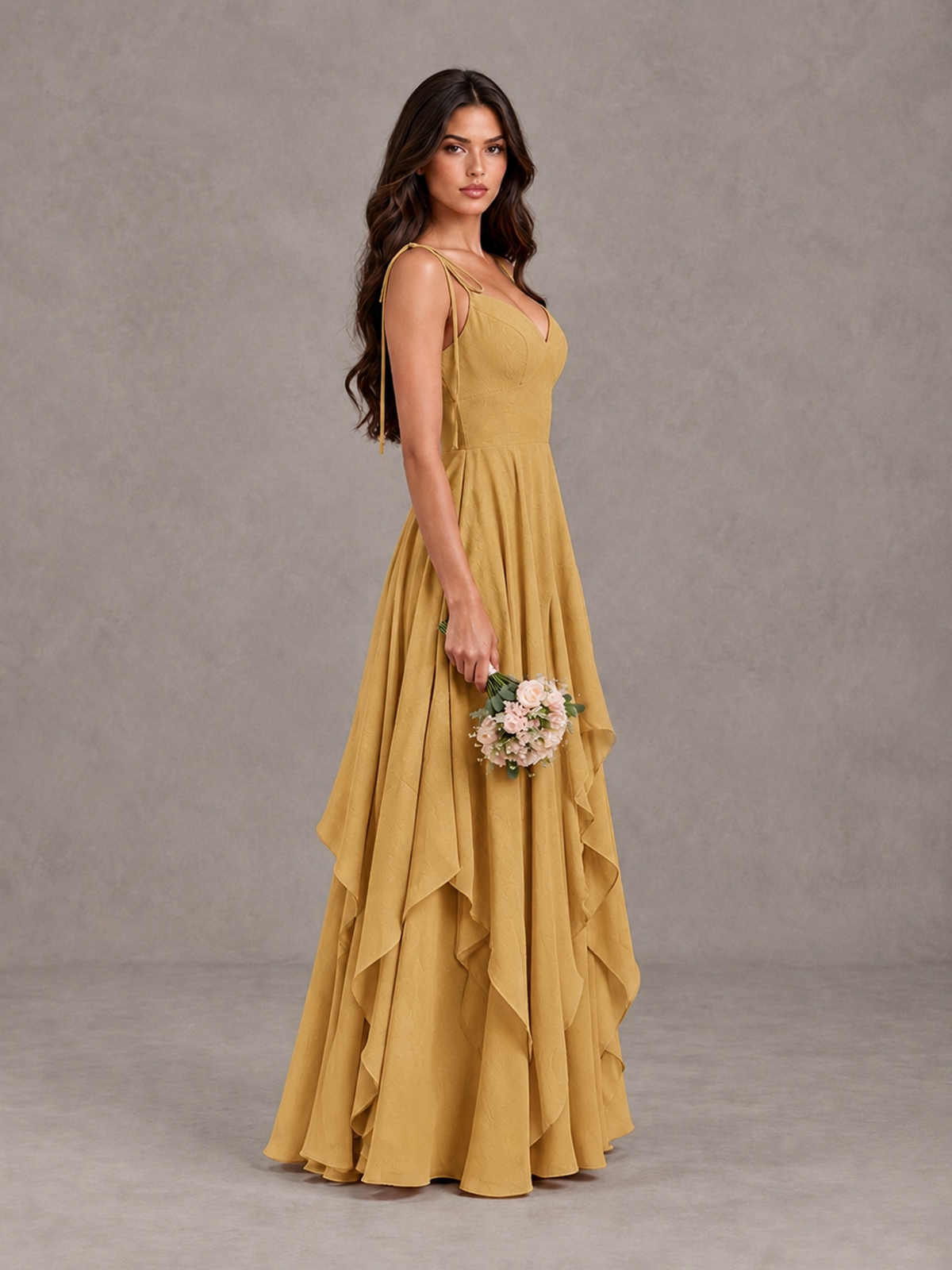 BOLODOO Gold Tie-Strap Ruffle A-Line Bridesmaid Dress - Gold - Gold_3