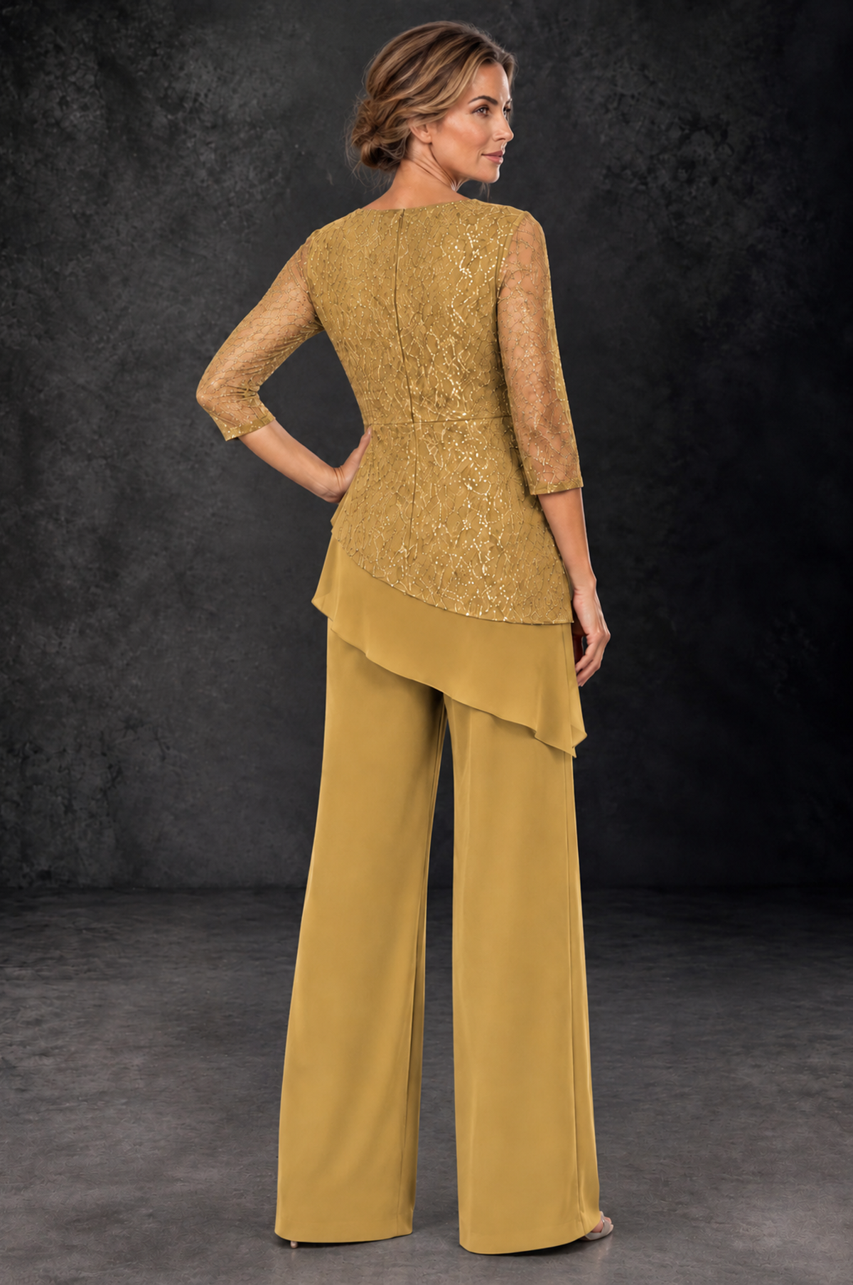 BOLODOO Gold Sequin Lace 3/4 Sleeve Chiffon Mother of the Bride Pant Suit - Gold - Gold_3
