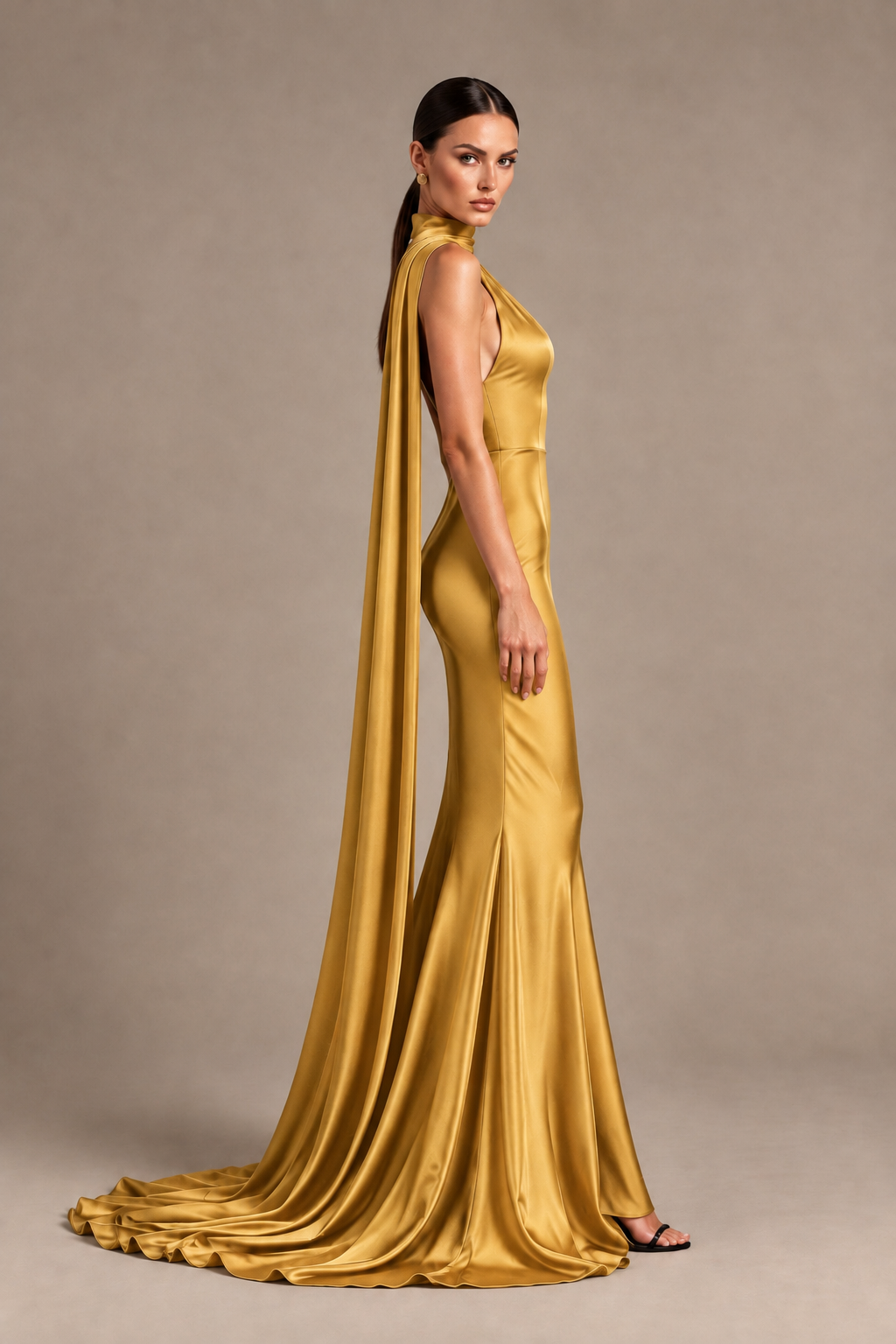 BOLODOO Gold One-Shoulder Satin Mermaid Evening Dress with Scarf - Gold - Gold_3