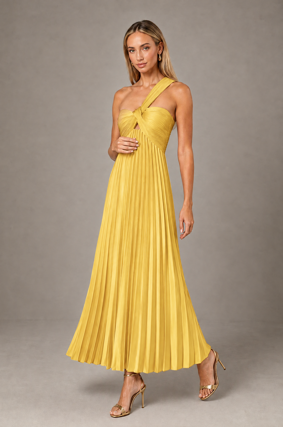 BOLODOO Gold One-Shoulder Twist Knot Pleated Satin Midi Dress with Cutout - Gold - Gold_3