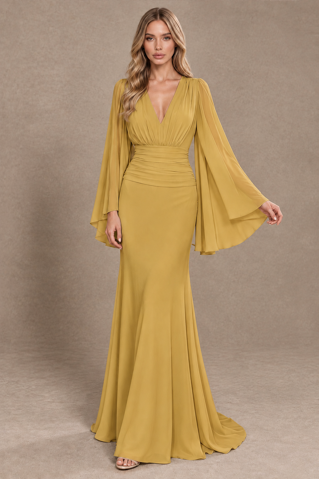 BOLODOO Gold Cape Sleeve V-Neck Ruched Chiffon Evening Dress - Gold - Gold_3