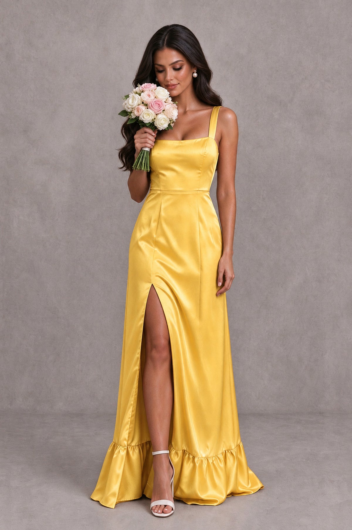 BOLODOO Gold Square Neck Satin Evening Dress with Lace-Up Back and High Slit - Gold - Gold_3