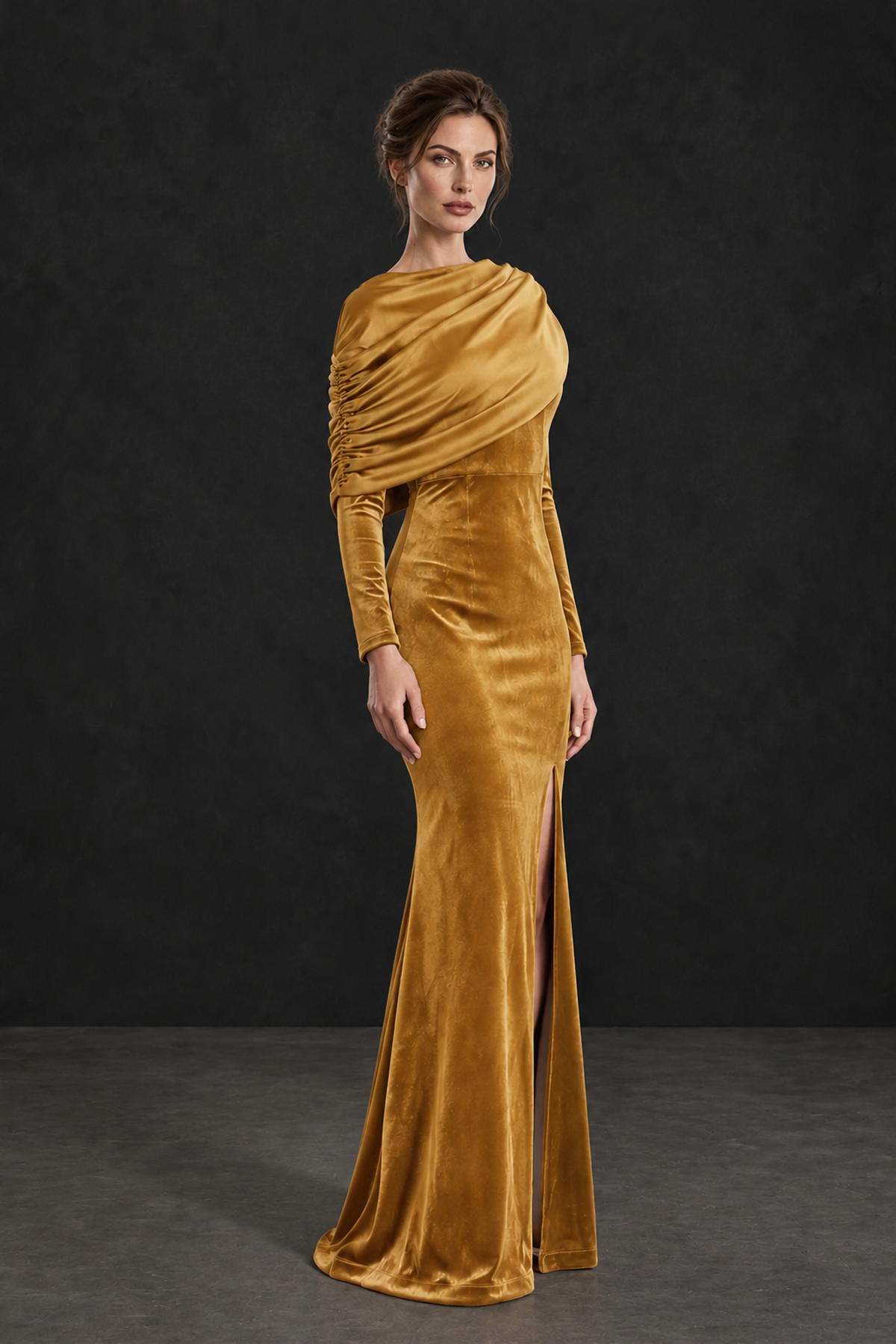 BOLODOO Gold Velvet Long Sleeve Draped Mother of the Bride Dress - Gold - Gold_3