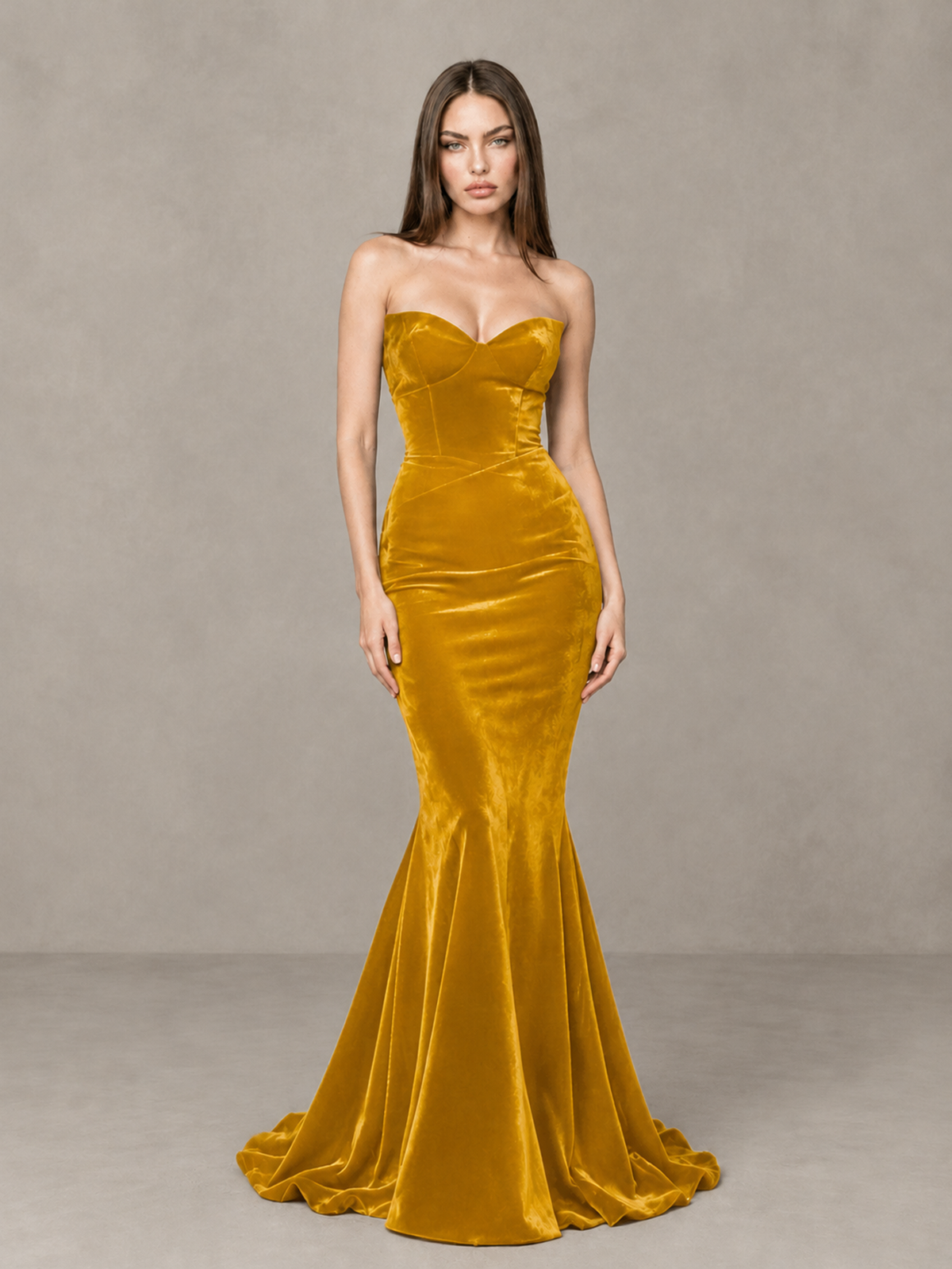 BOLODOO Gold Strapless Sweetheart Velvet-Look Mermaid Evening Dress - Gold - Gold_3