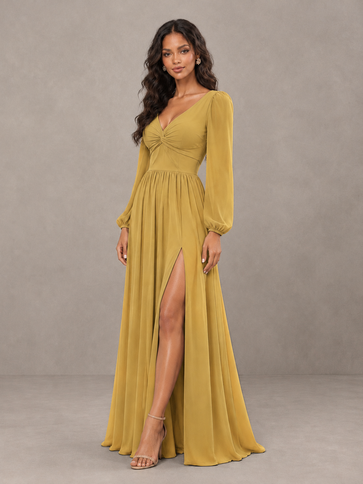 BOLODOO Gold V-Neck Long Sleeve Bridesmaid Dress with Tie Back and Slit - Gold - Gold_3