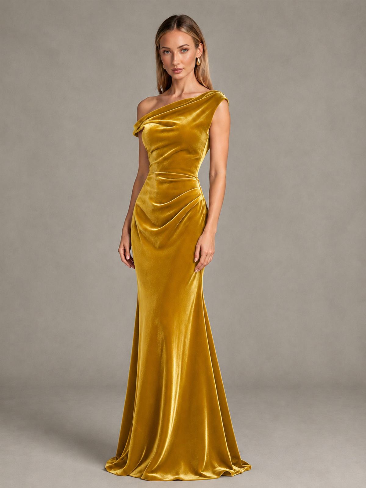 BOLODOO Gold One-Shoulder Velvet Mermaid Evening Gown - Gold - Gold_3