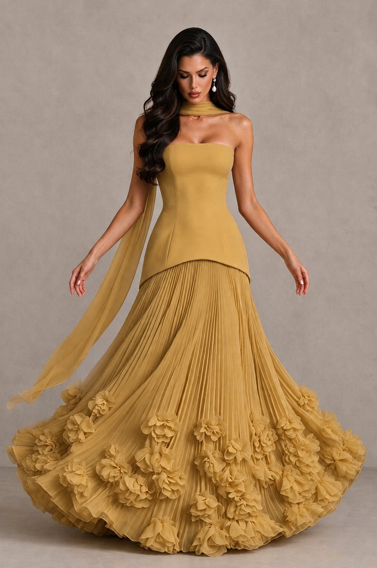 BOLODOO Gold Strapless Pleated Floral Hem Evening Gown - Gold - Gold_3