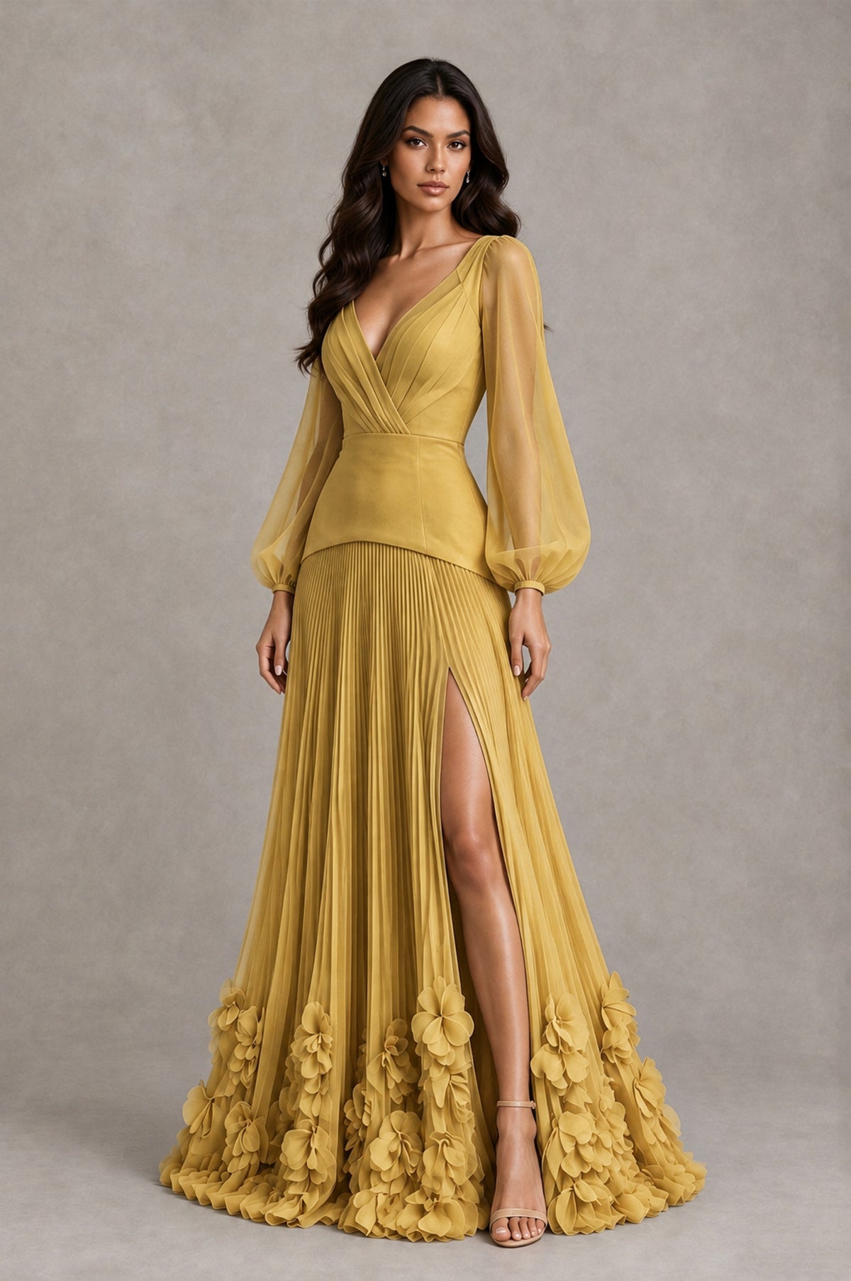 BOLODOO Gold V-Neck Long Sleeve Pleated Floral Hem Evening Dress - Gold - Gold_3