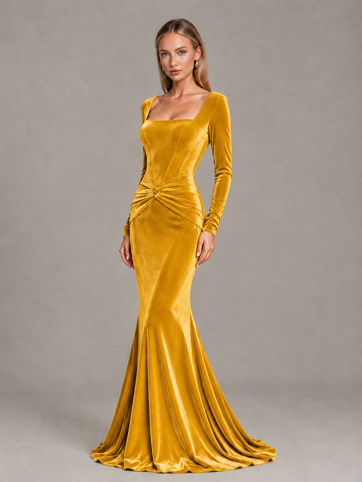 BOLODOO Gold Velvet-Look Square Neck Long Sleeve Mermaid Evening Dress - Gold - Gold_3
