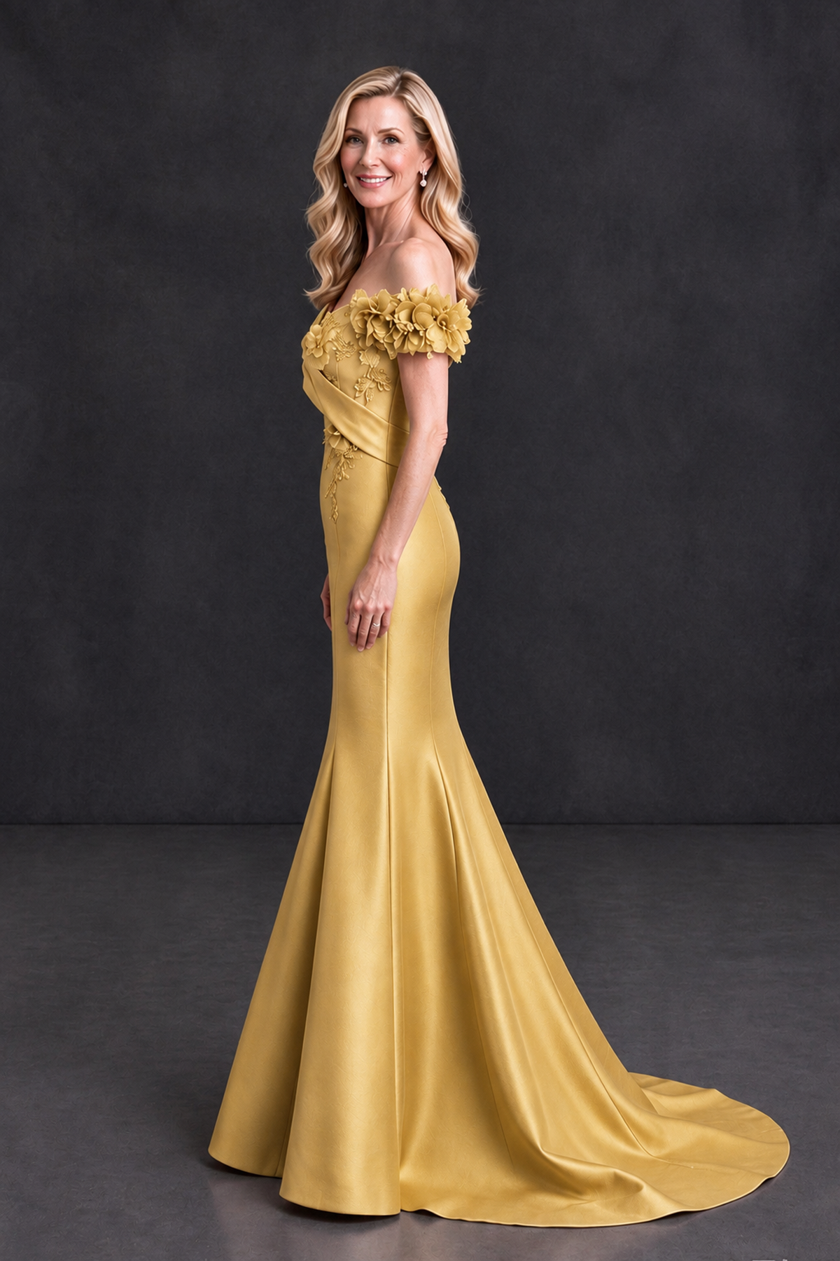 BOLODOO Gold Off-Shoulder Floral Mermaid Mother of the Bride Dress - Gold - Gold_3