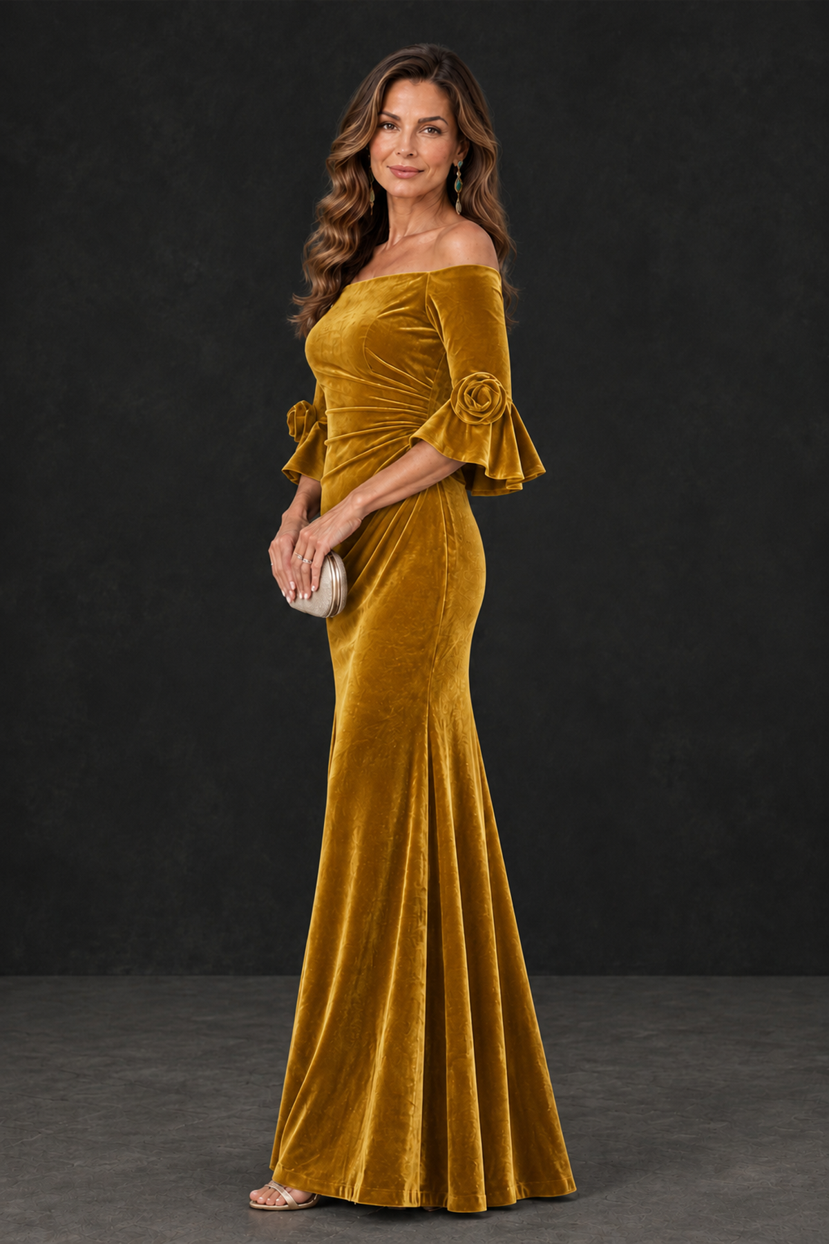 BOLODOO Gold Velvet Mother of the Bride Dress with Rosette Sleeves - Gold - Gold_3