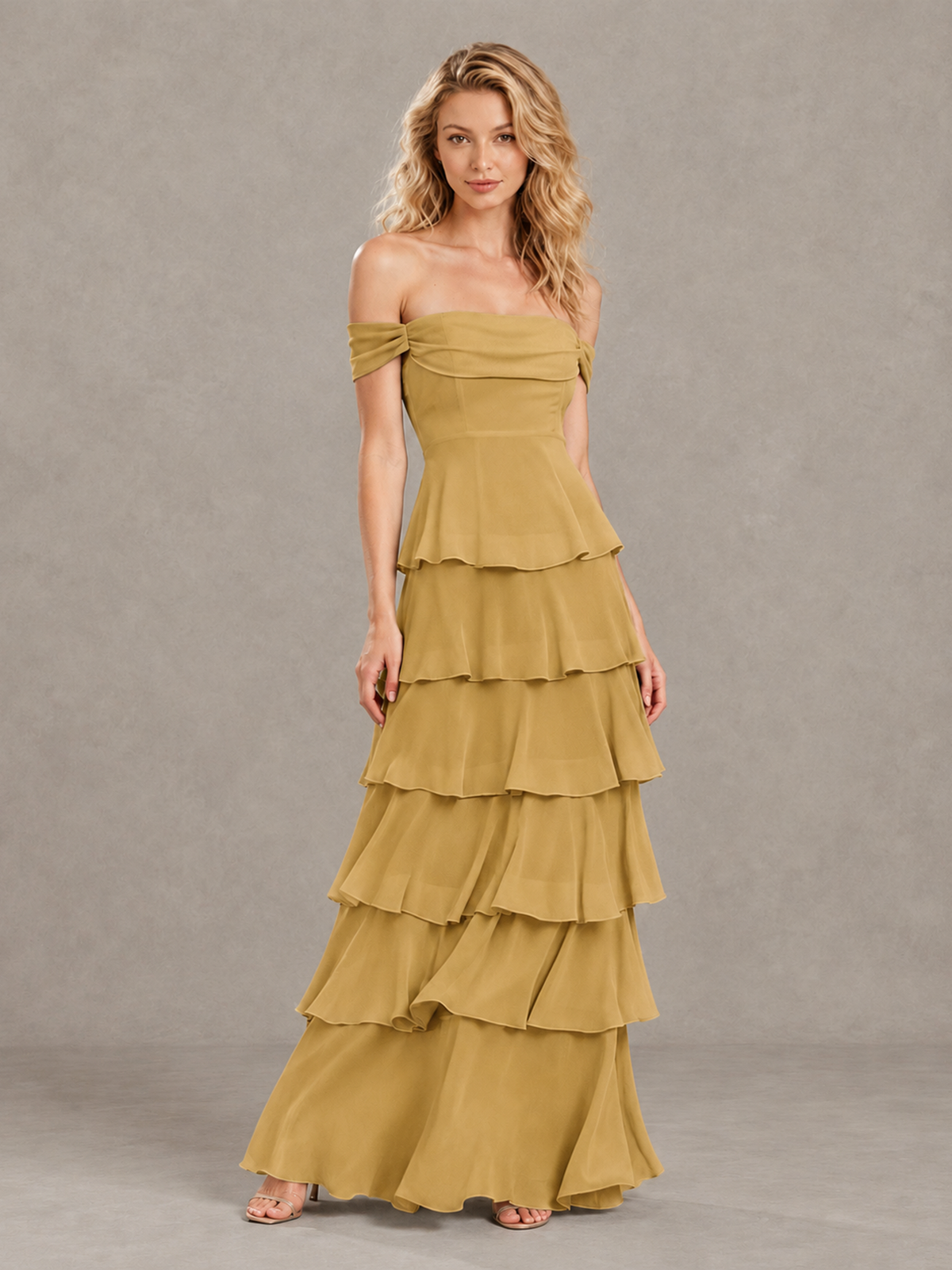 BOLODOO Gold Off-Shoulder Tiered Ruffle Bridesmaid Dress with Lace-Up Back - Gold - Gold_3