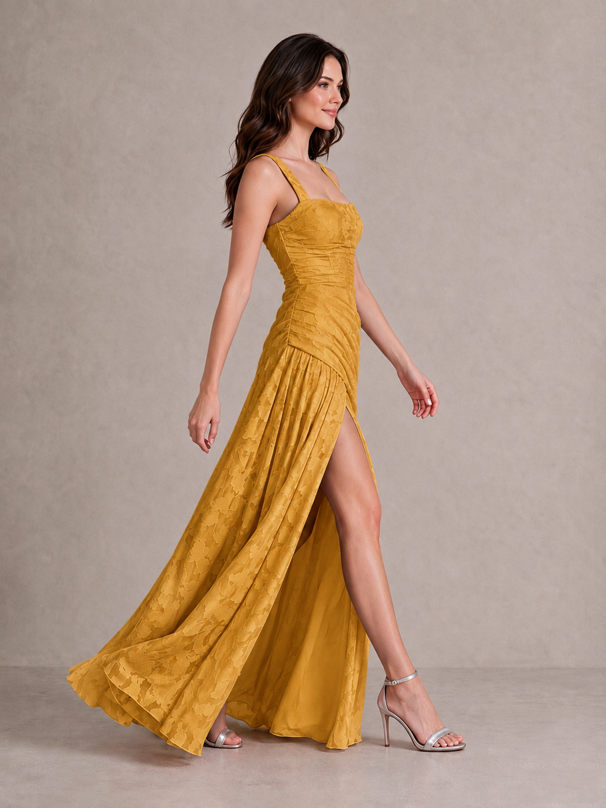 BOLODOO Gold Floral Jacquard Bridesmaid Dress with Square Neck, Lace-Up Back & High Slit - Gold - Gold_3