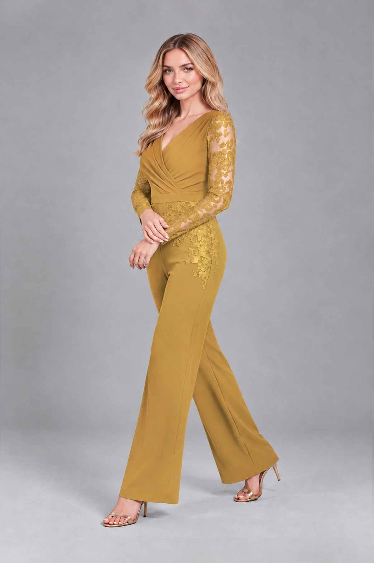 BOLODOO Gold Lace Long-Sleeve V-Neck Mother Pant Suit - Gold - Gold_3