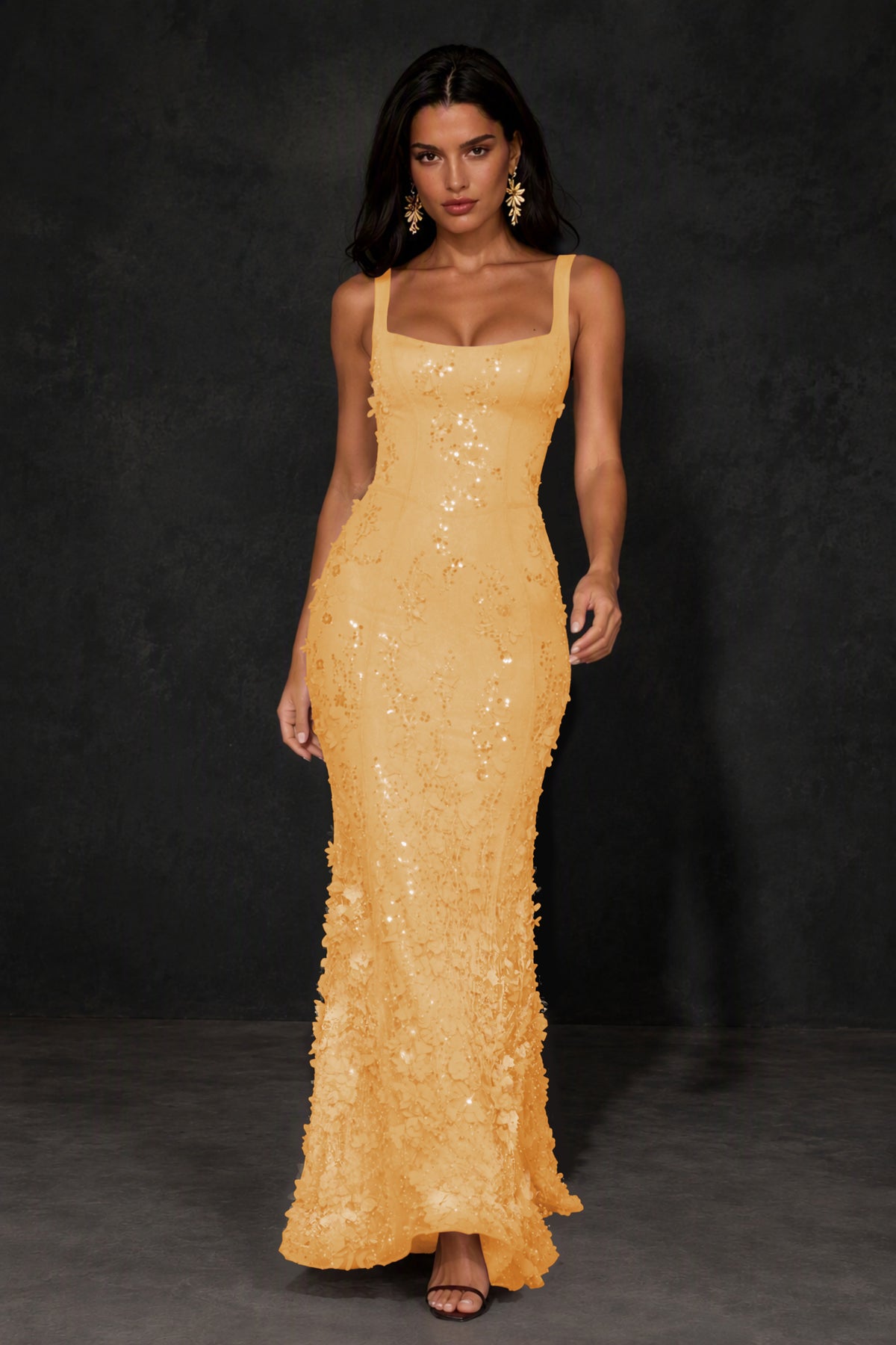 BOLODOO Gold Sequin 3D Floral Mermaid Maxi Gown – Lace-Up Back Formal Dress - Gold