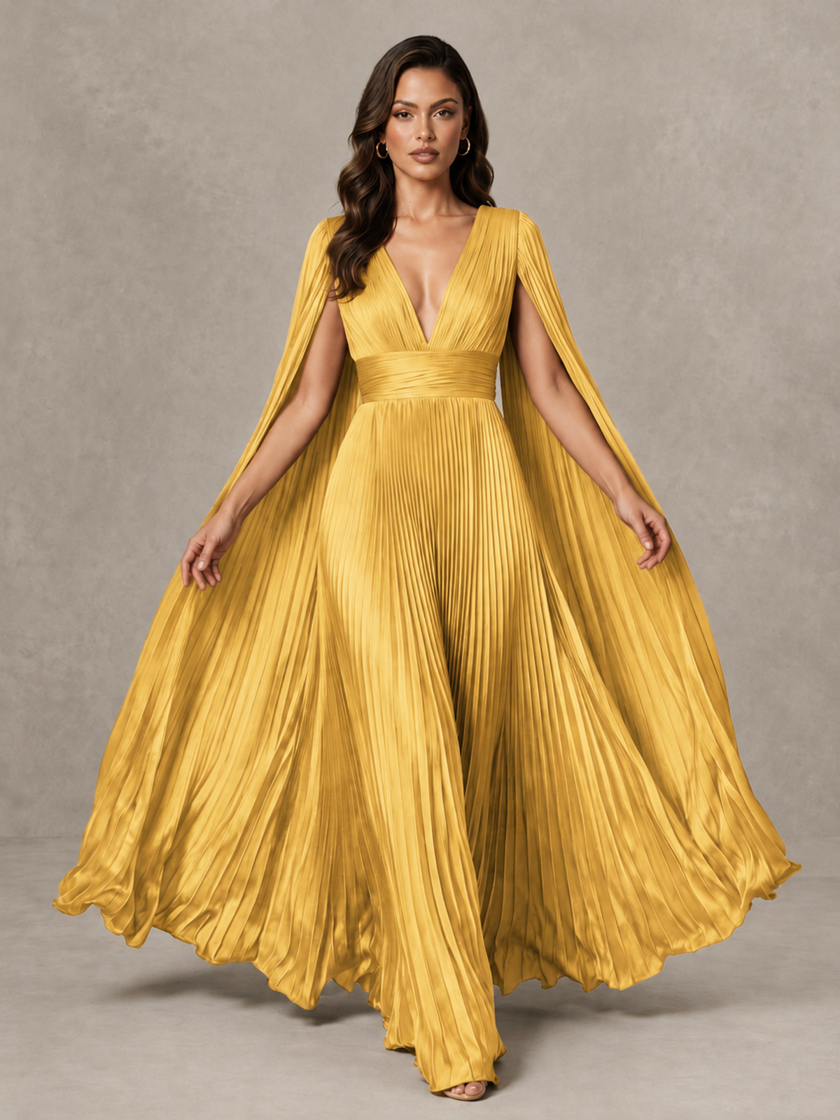 BOLODOO Gold Deep V-Neck Pleated Cape Sleeve Evening Gown - Gold - Gold_3