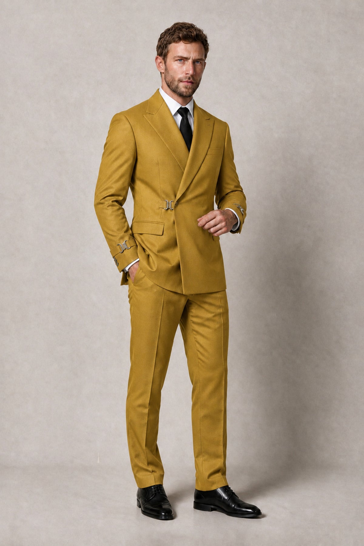 BOLODOO Men's Gold Double-Breasted 2-Piece Suit Set – Blazer & Tailored Trousers - Gold