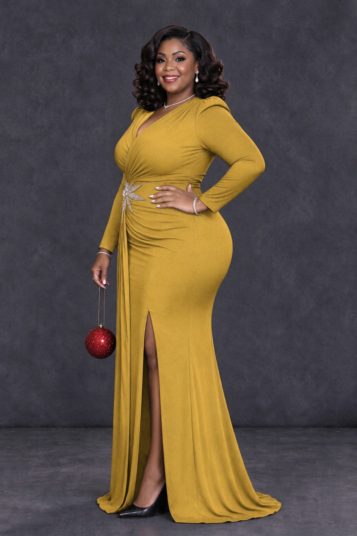 BOLODOO Gold Plus Size Long Sleeve V-Neck Mother of the Bride Dress with Slit - Gold - Gold_3