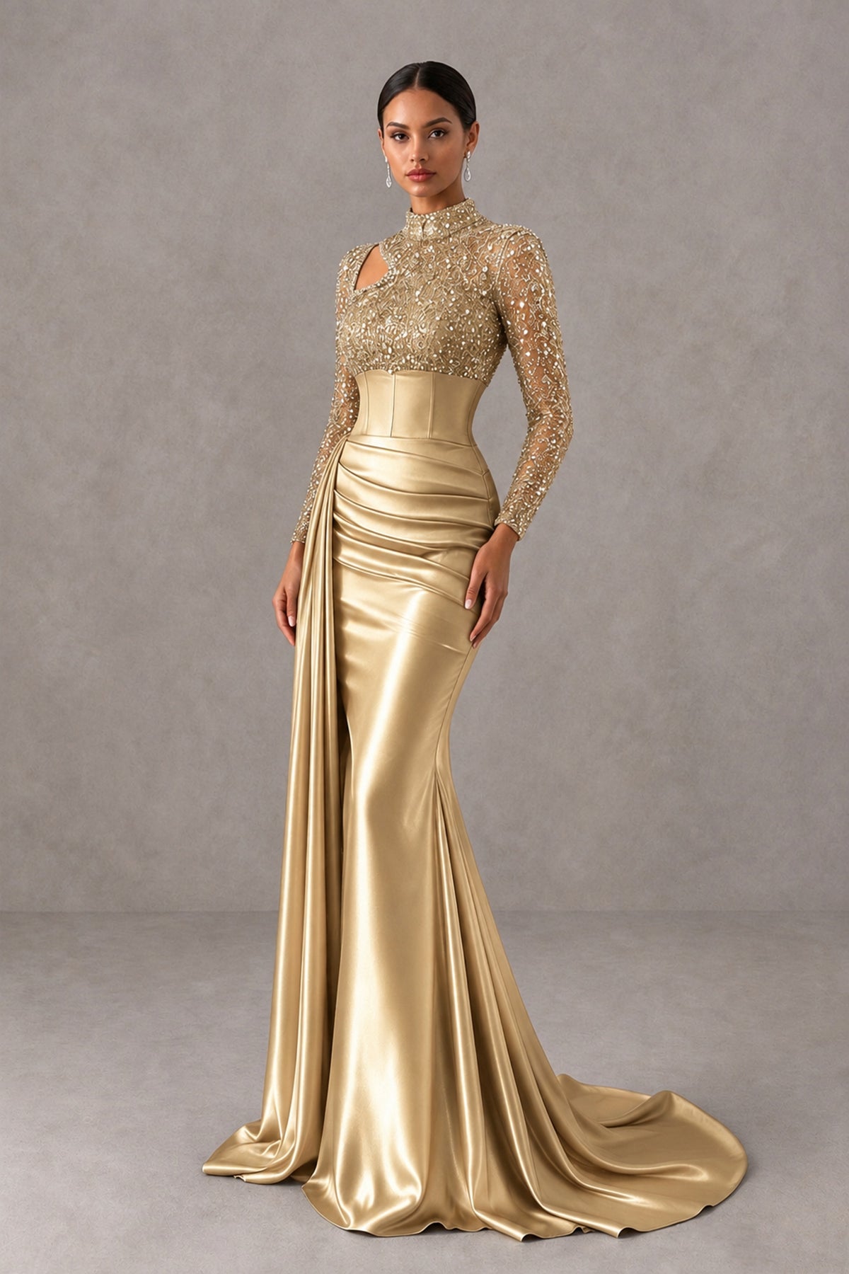BOLODOO Gold Long Sleeve Embellished Satin Mermaid Evening Gown - Gold - Gold_3