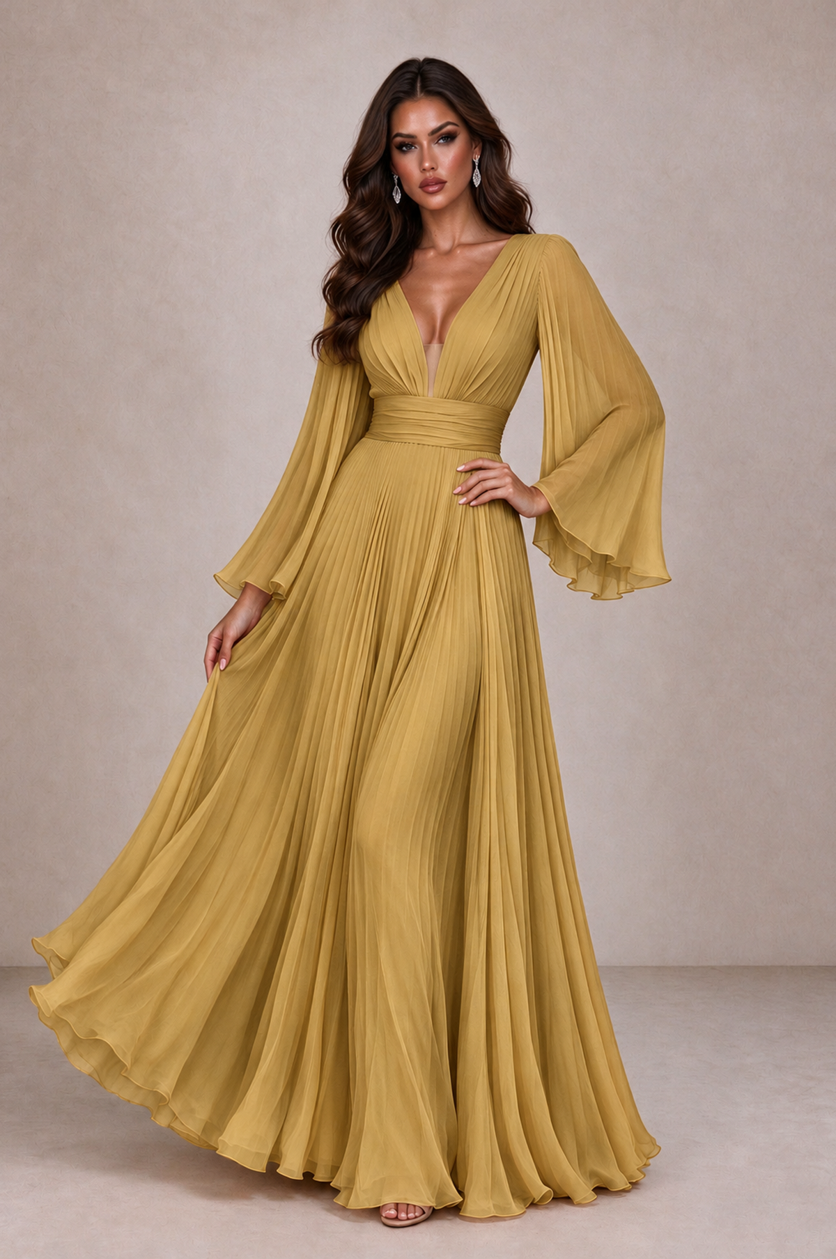 BOLODOO Gold Pleated Deep V-Neck Long Bell Sleeve Evening Dress - Gold - Gold_3