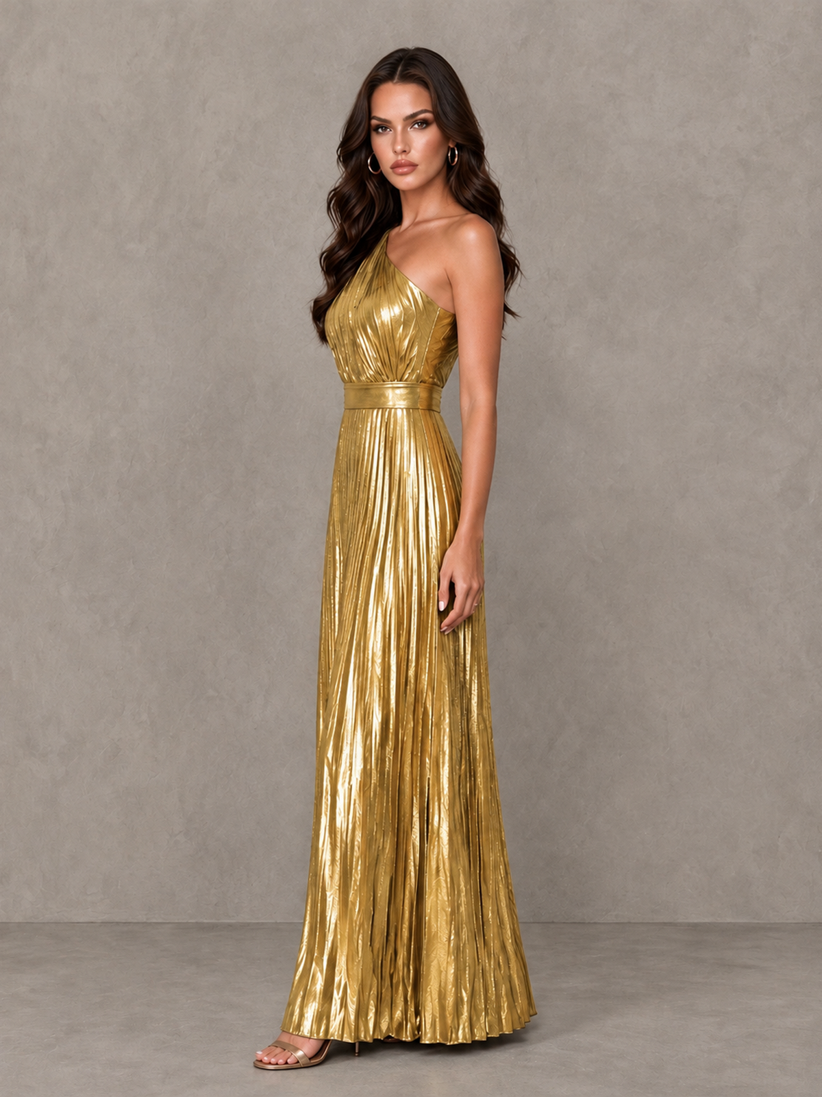 BOLODOO Gold One-Shoulder Metallic Pleated Wide-Leg Jumpsuit - Gold - Gold_3